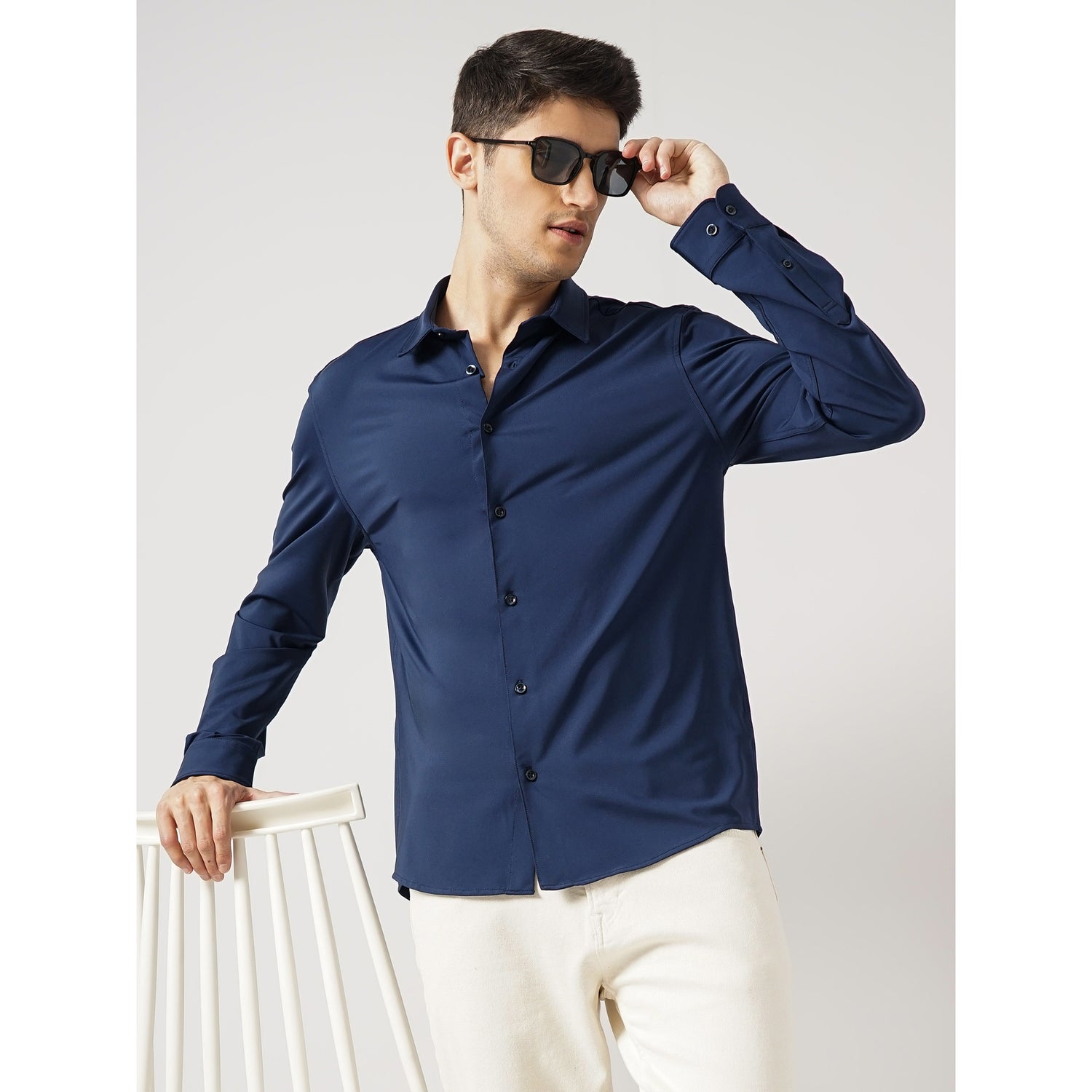 Men Navy Blue Spread Collar Solid Regular Fit Polyester Knit Casual Shirt (GASTRETCHO)