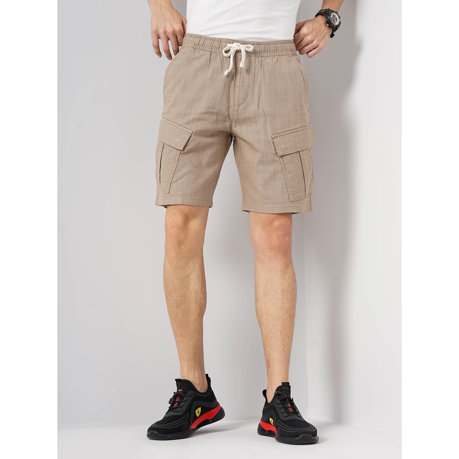 Men Beige Solid Loose Fit Cotton Cargo Casual Shorts (GOCARGOBM)