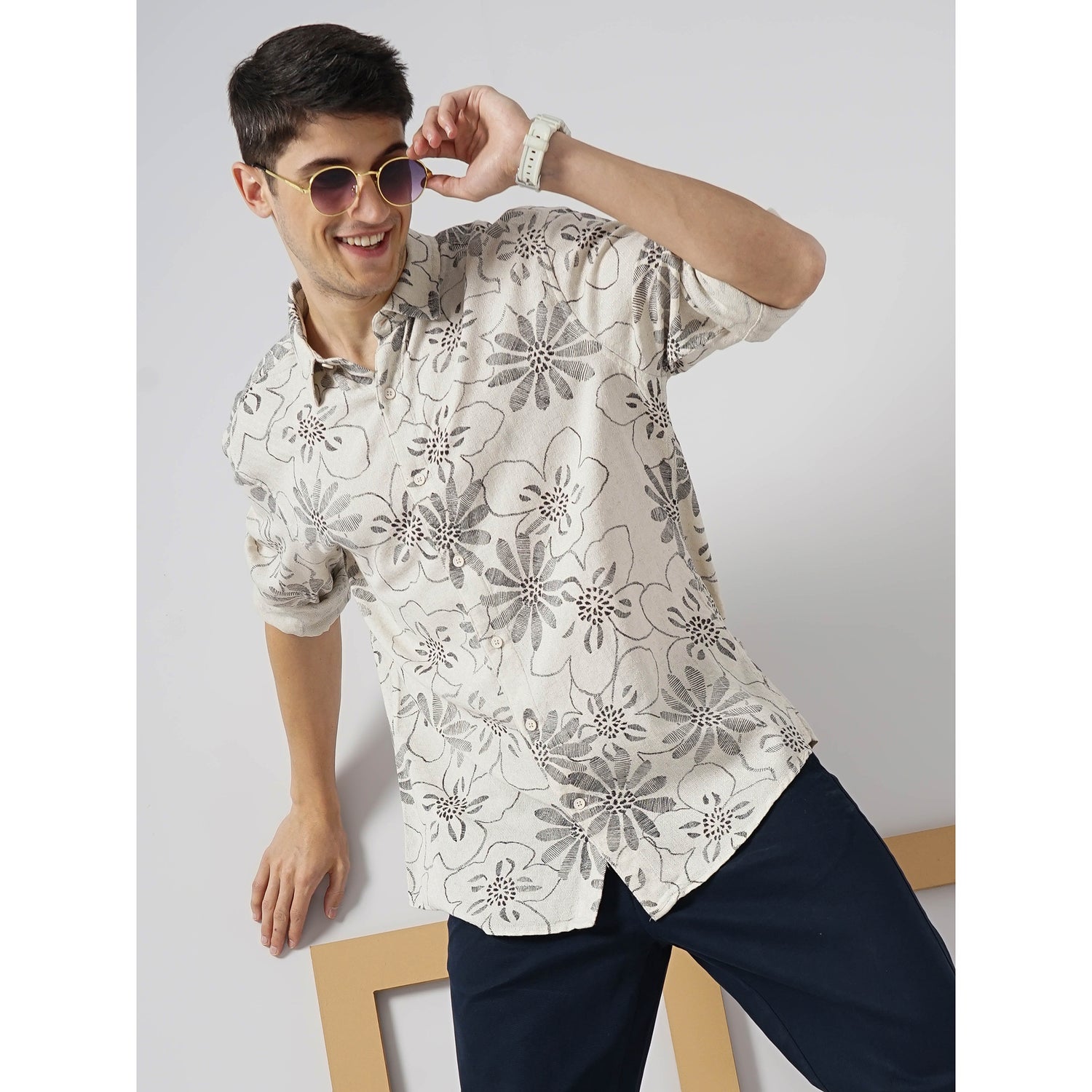 Men Off White Cuban Collar Printed Regular Fit Cotton Soft Touch Casual Shirt (GABAVISCOJAC)