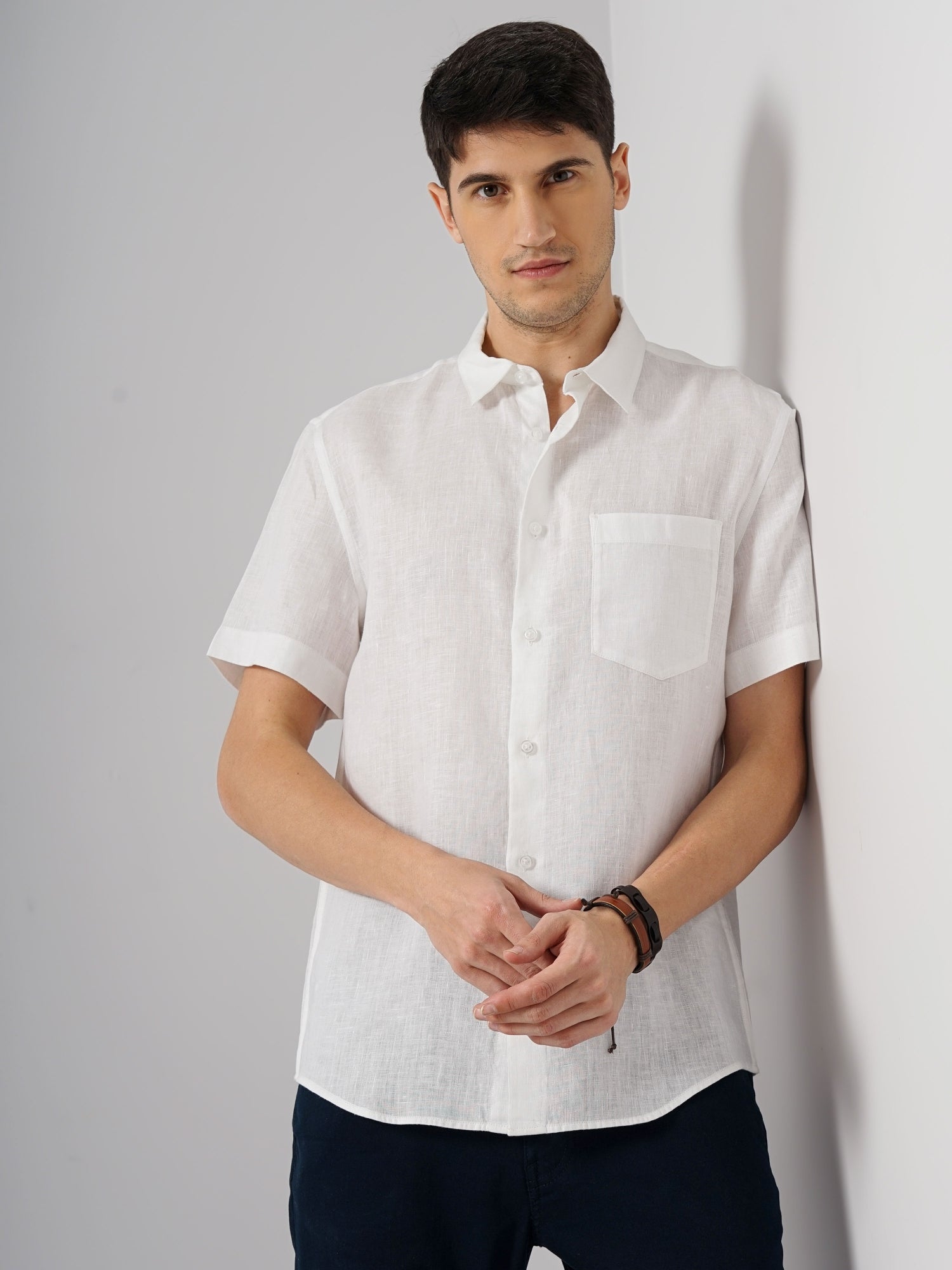 Men White Spread Collar Solid Regular Fit Linen Casual Shirt (GACARAO)