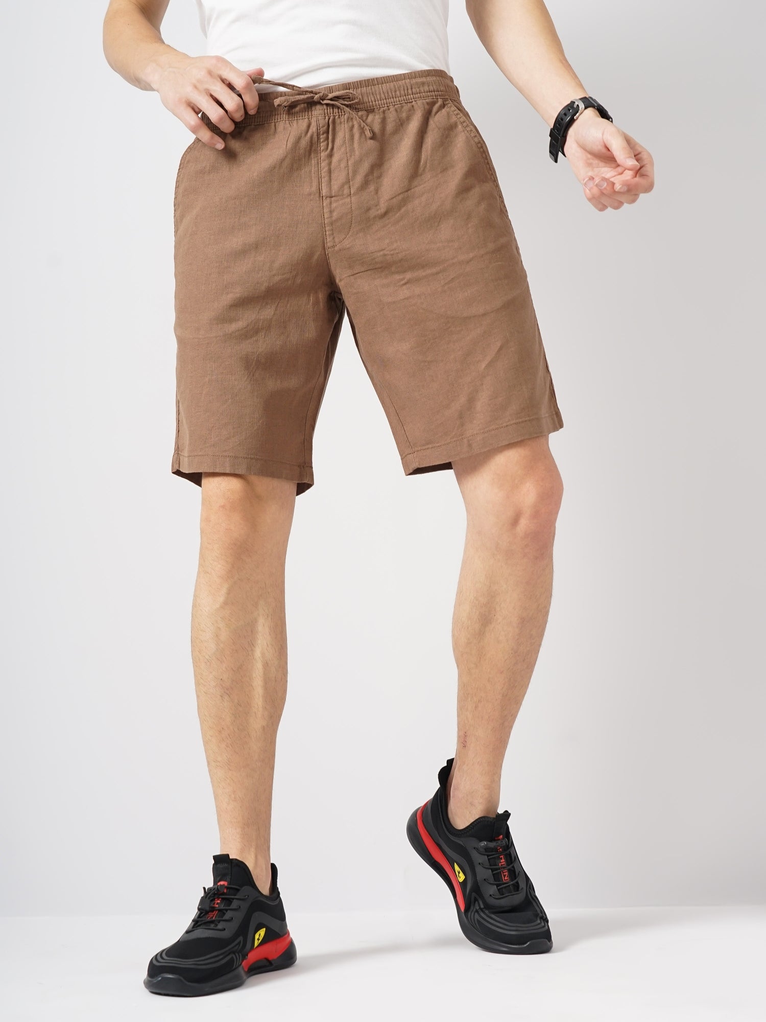 Men Brown Solid Loose Fit Linen Casual Shorts (DOLINCOBM1)