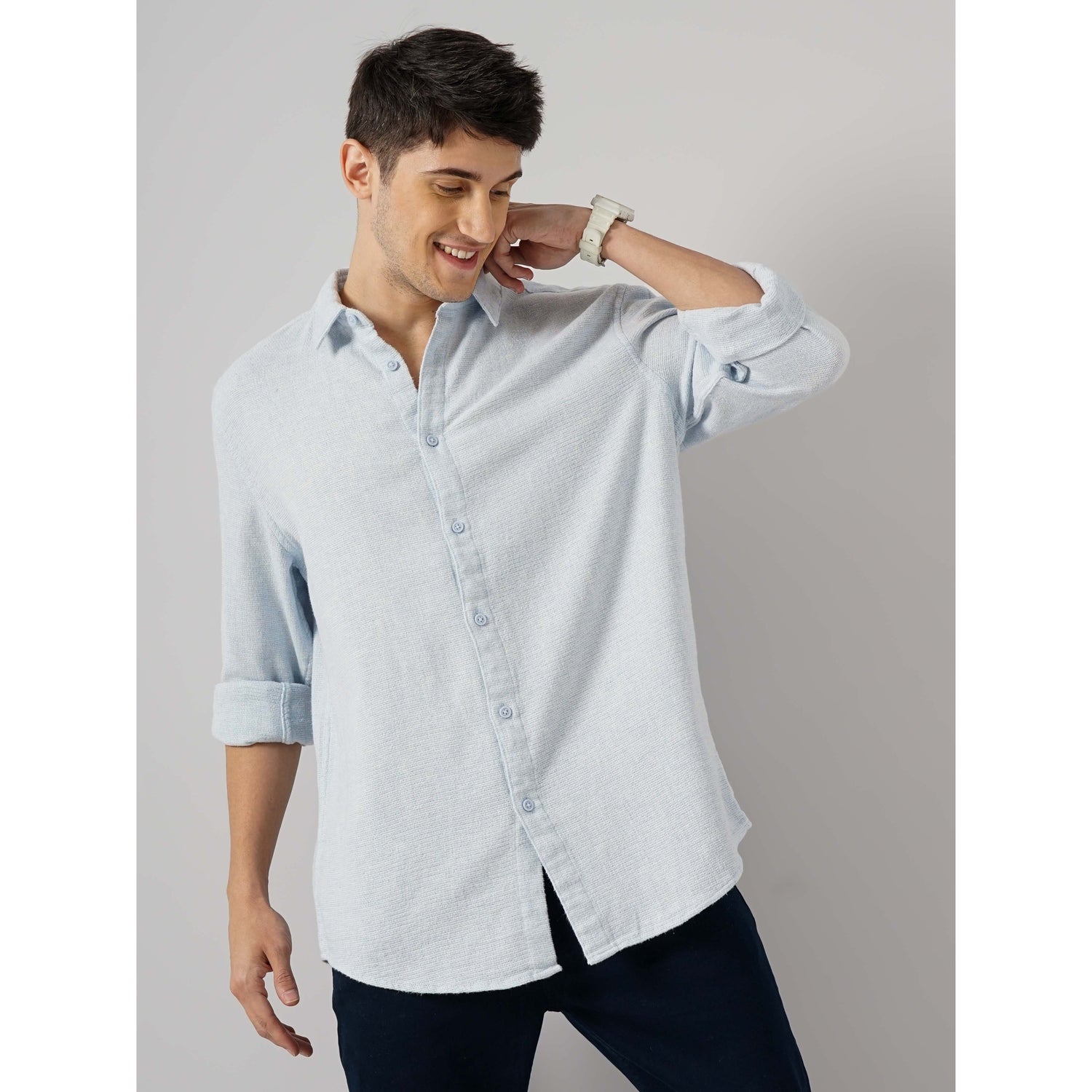 Men Blue Spread Collar Solid Regular Fit Cotton Casual Shirt (GACHINE)