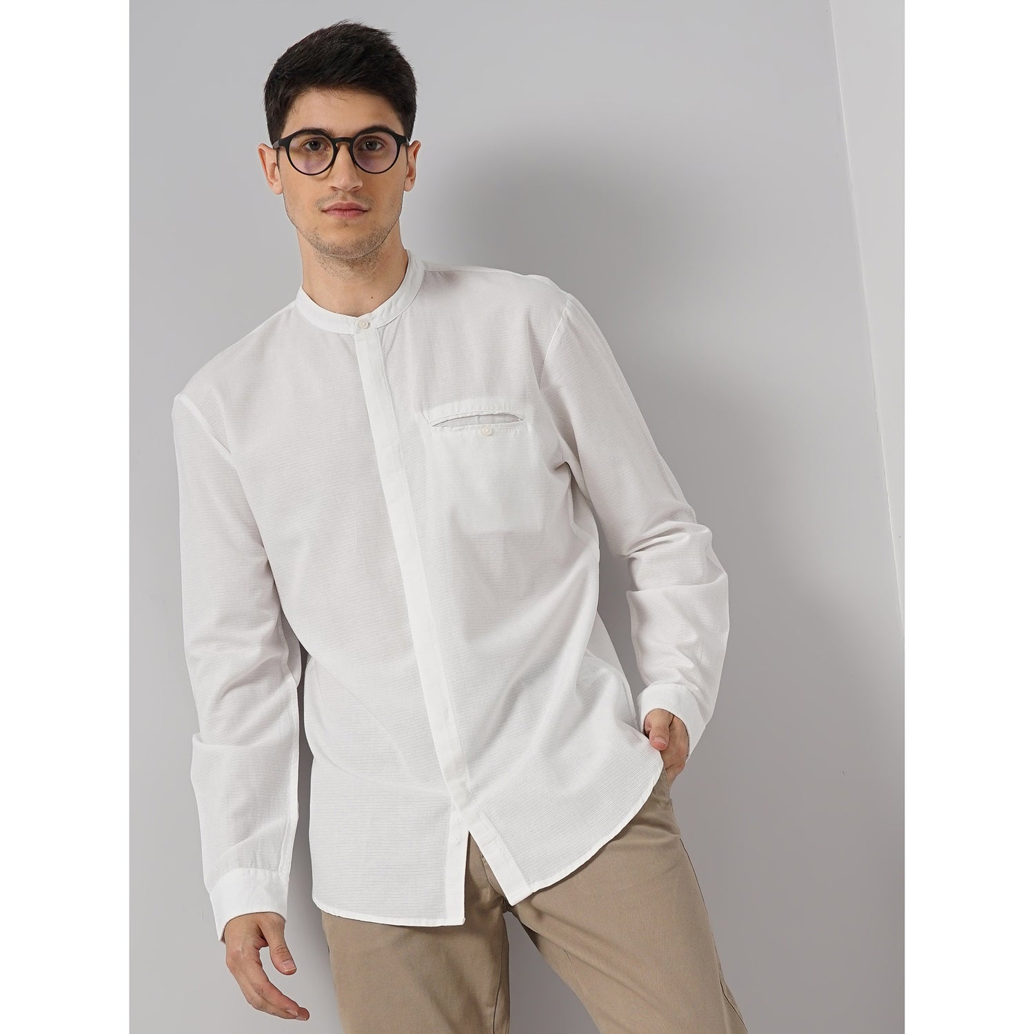 Men White Band Collar Solid Regular Fit Cotton Casual Shirt (GARIB)