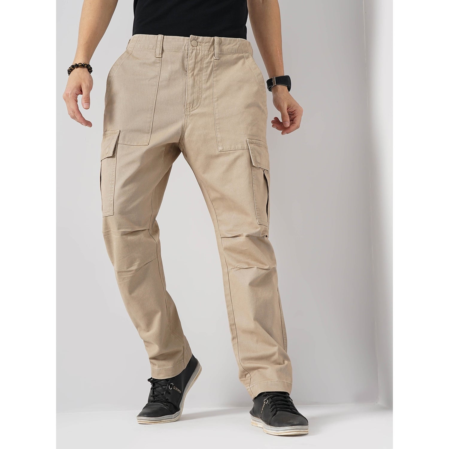 Men Beige Solid Straight Fit Cotton Cargo Trouser (GOANDER)