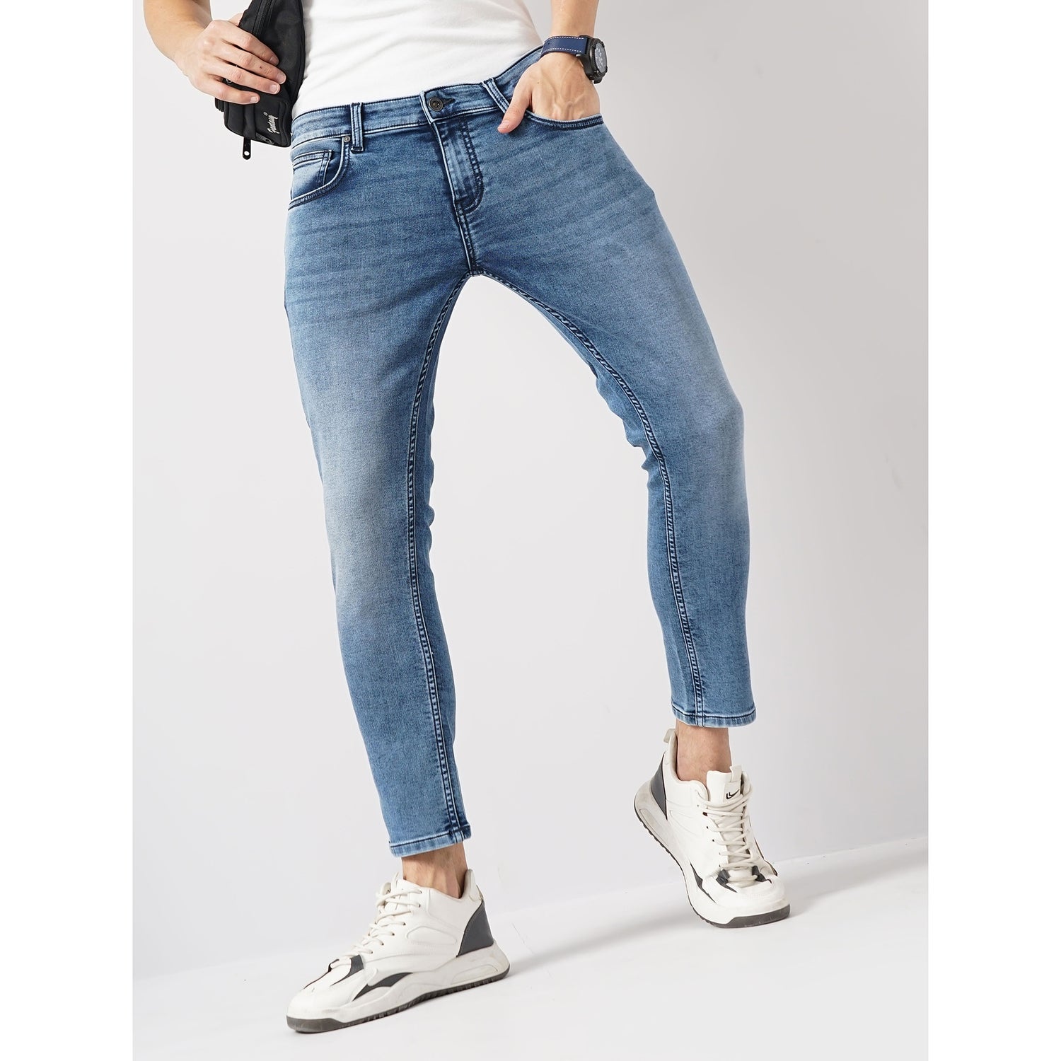 Men Blue Solid Skinny Fit Cotton Ankle Length Jeans (GOANKLE3)