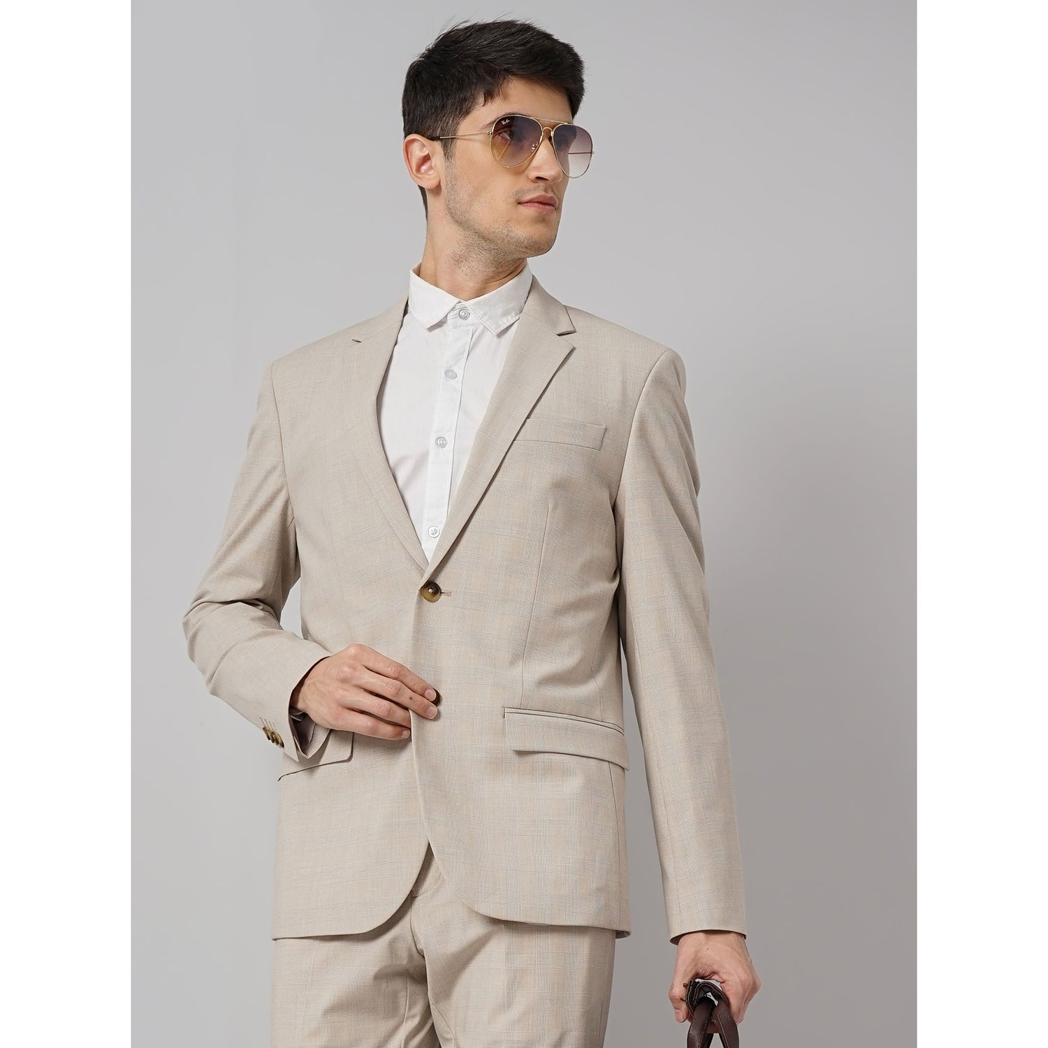 Men Beige Lapel Solid Slim Fit Polyester Suit Blazer (GUGABINFUN)