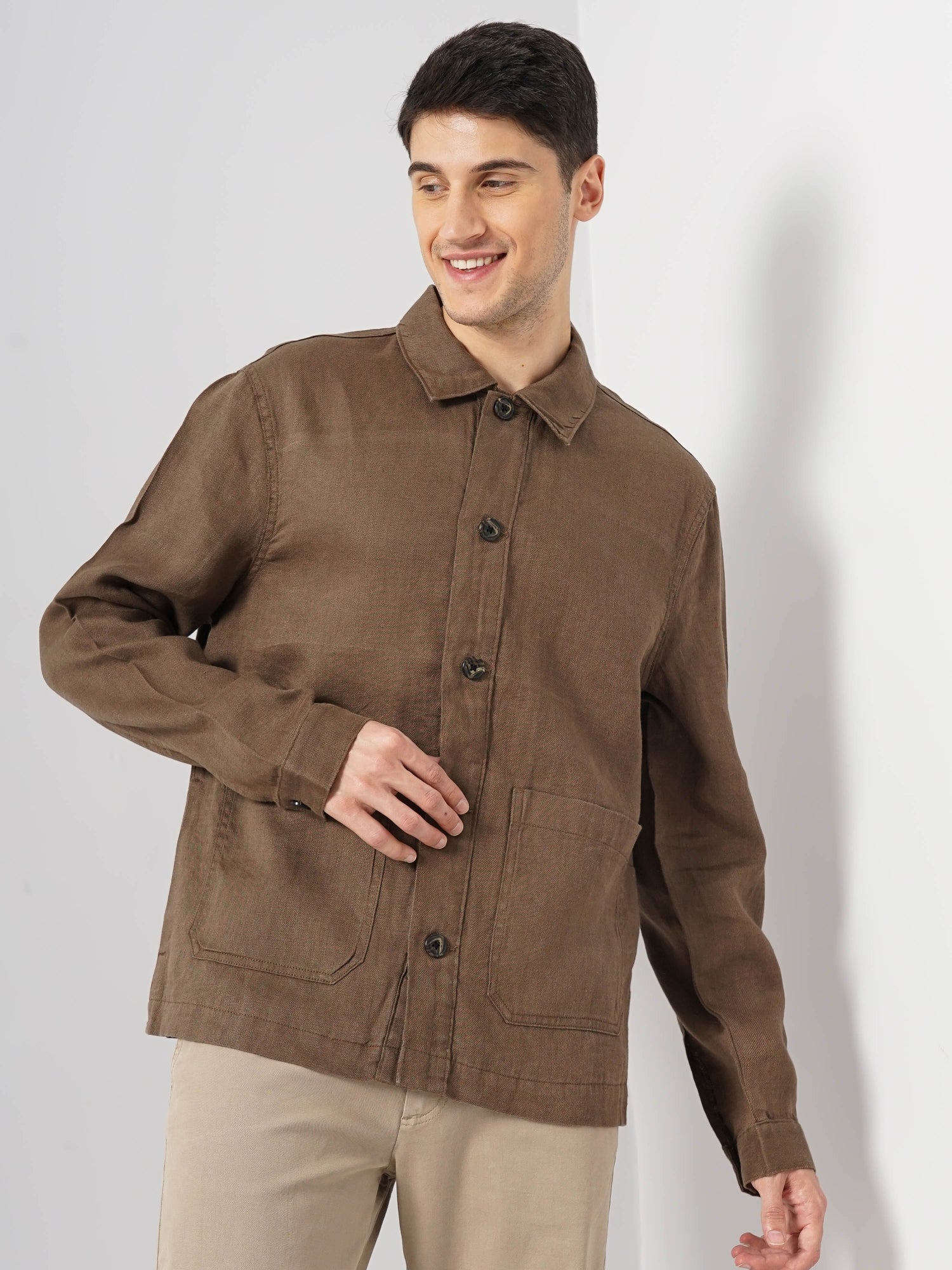 Men Brown Spread Collar Solid Regular Linen Casual Jackets (GULINWORK)
