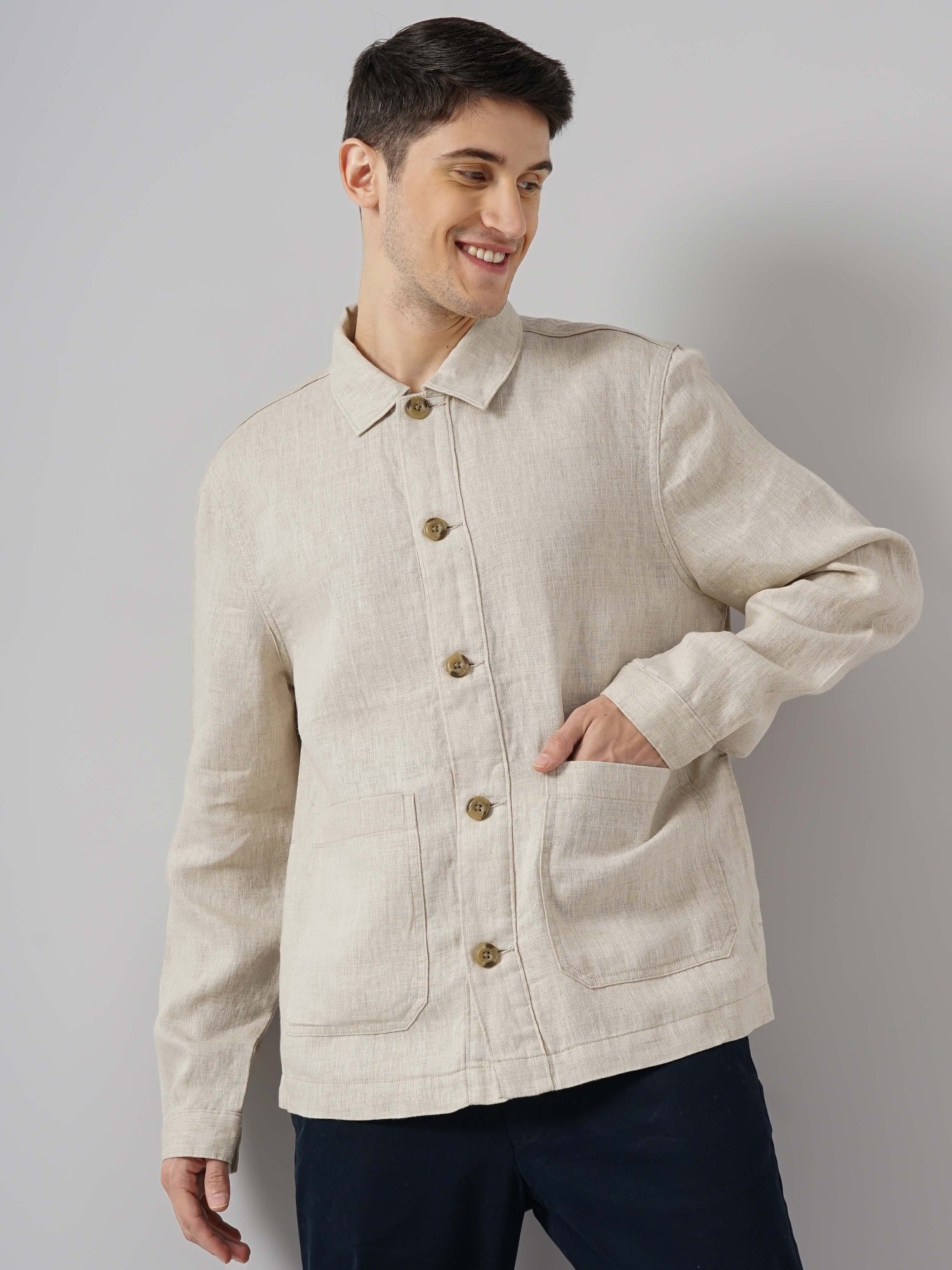 Men Off White Spread Collar Solid Regular Linen Casual Jackets (GULINWORK)