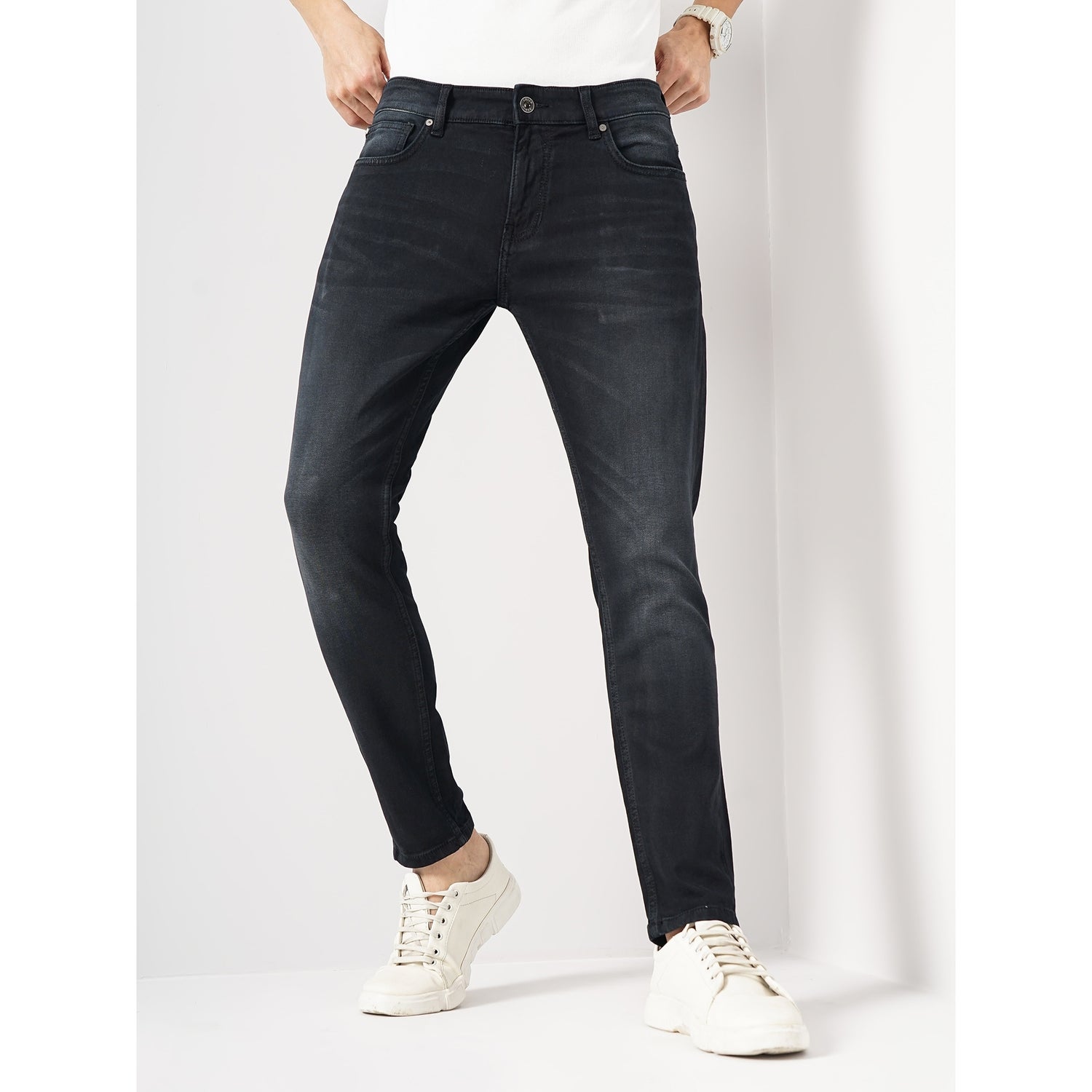 Men Black Solid Skinny Fit Cotton Ankle Length Jeans (GOANKLE1)