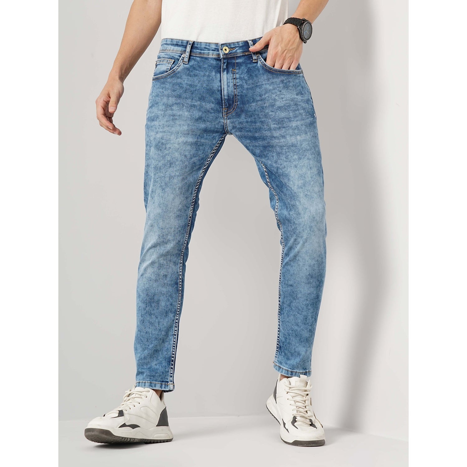 Men Blue Solid Skinny Fit Cotton Ankle Length Jeans (GOANKLE2)