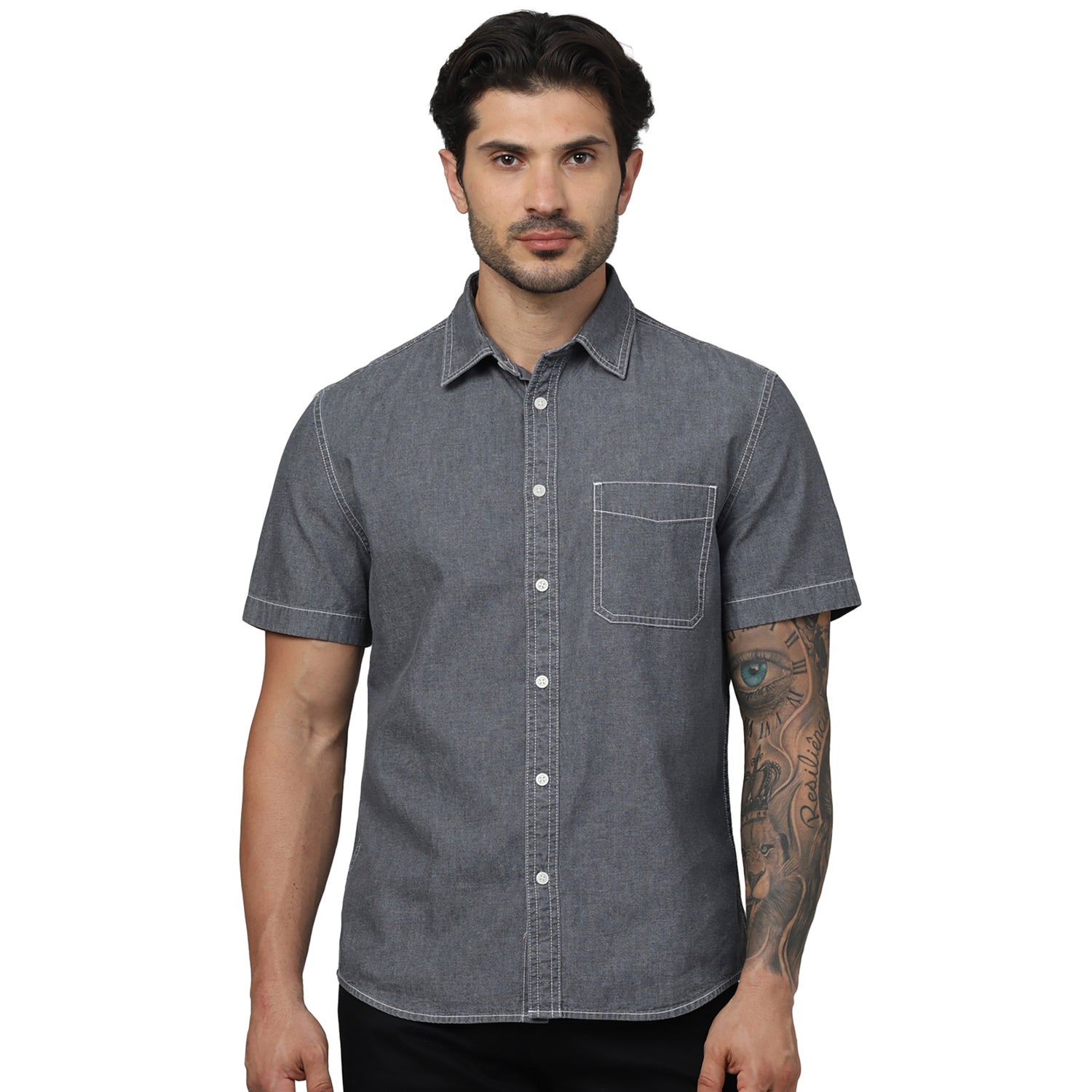 Men's Grey Spread Collar Solid Regular Fit Cotton Denim Shirts (GABRAY)