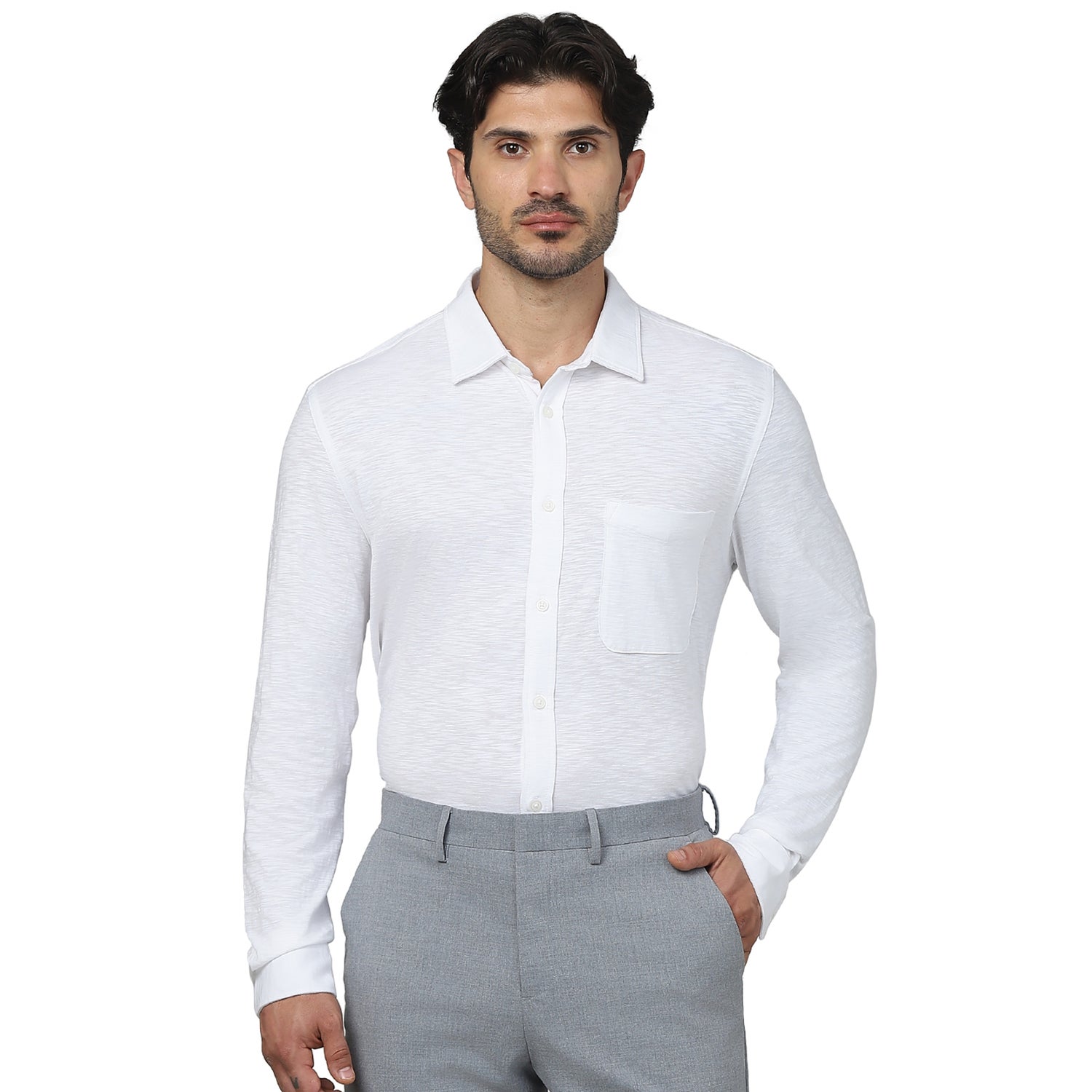 Men's White Button-Down Collar Solid Regular Fit Cotton Knit Shirts (GASELLE)