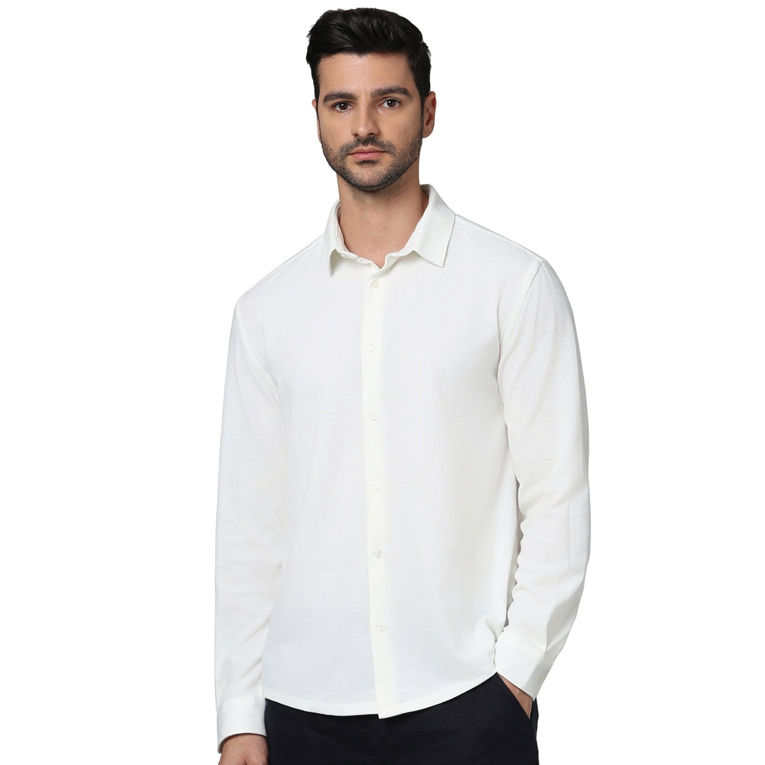 Men's White Spread Collar Solid Regular Fit Polyester Casual Shirts (GAWAFFLE)