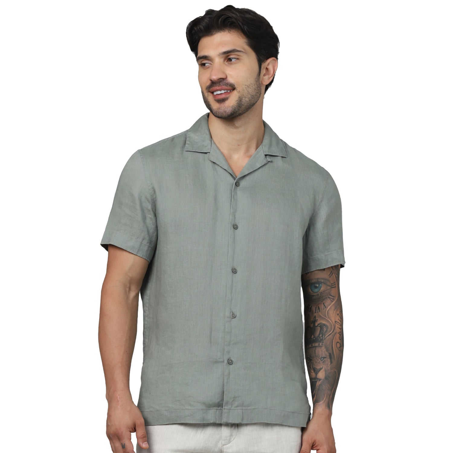 Men's Olive Spread Collar Solid Regular Fit Linen Shirts (GASURF)