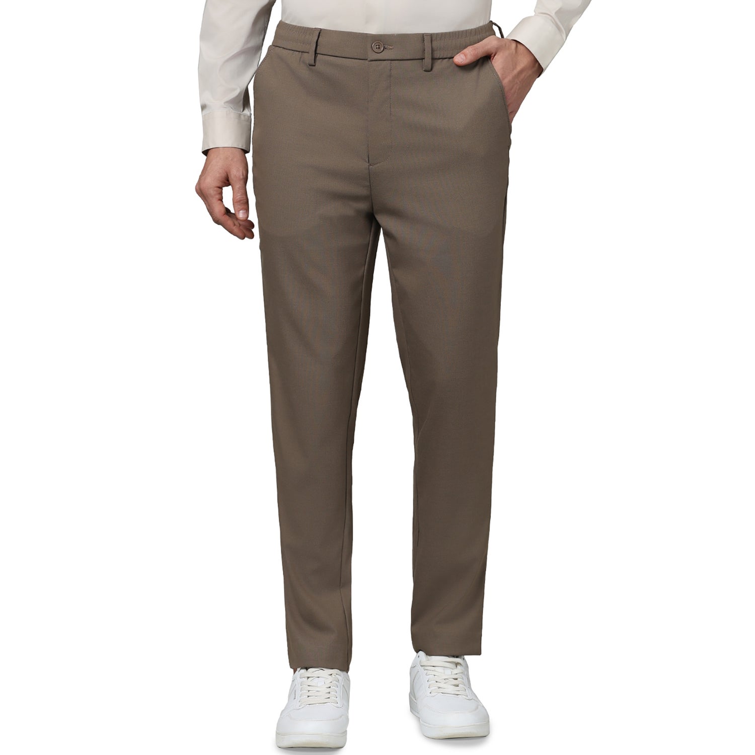 Men's Brown Solid Regular Fit Polyester 24Hr Casual Trousers (GOCARREIN)
