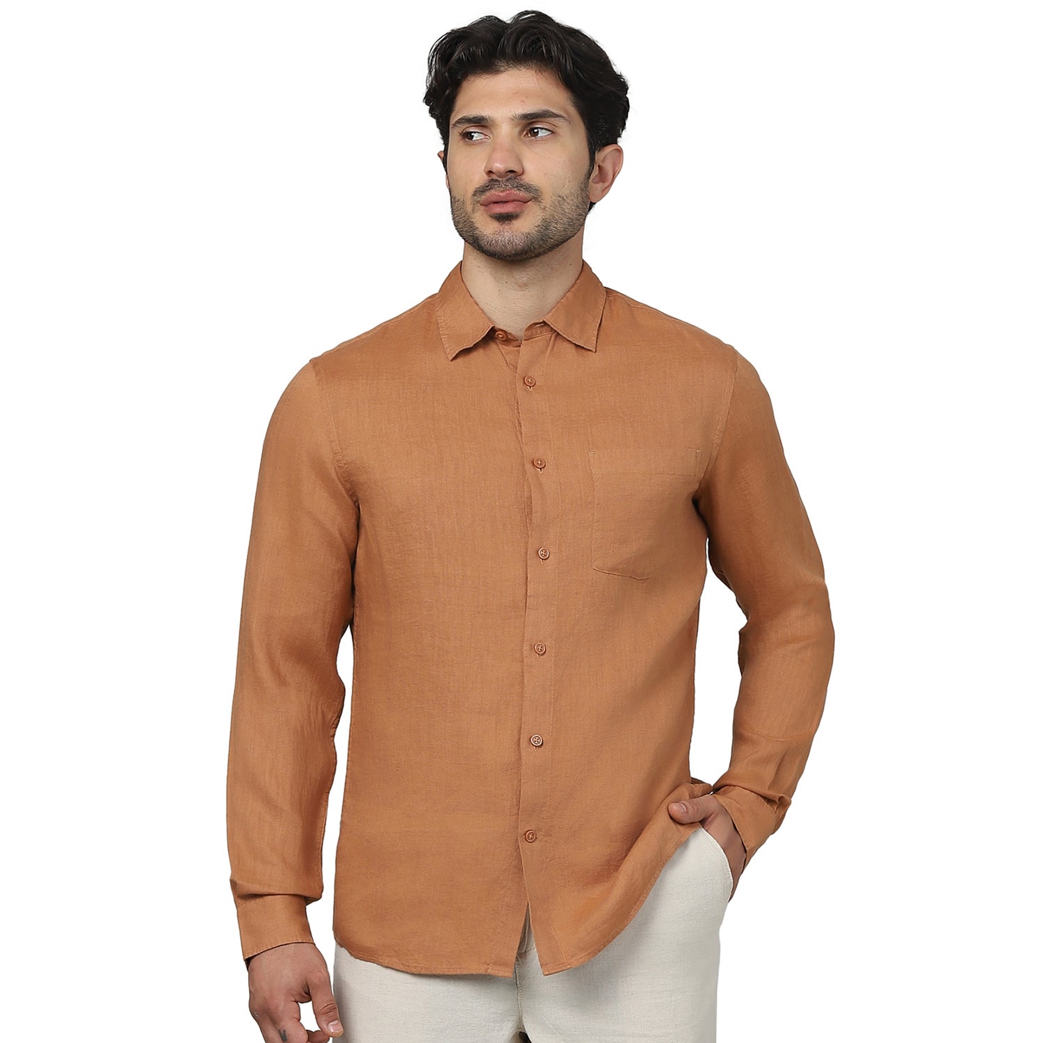Men's Red Spread Collar Solid Regular Fit Linen Shirts (GATALINO)