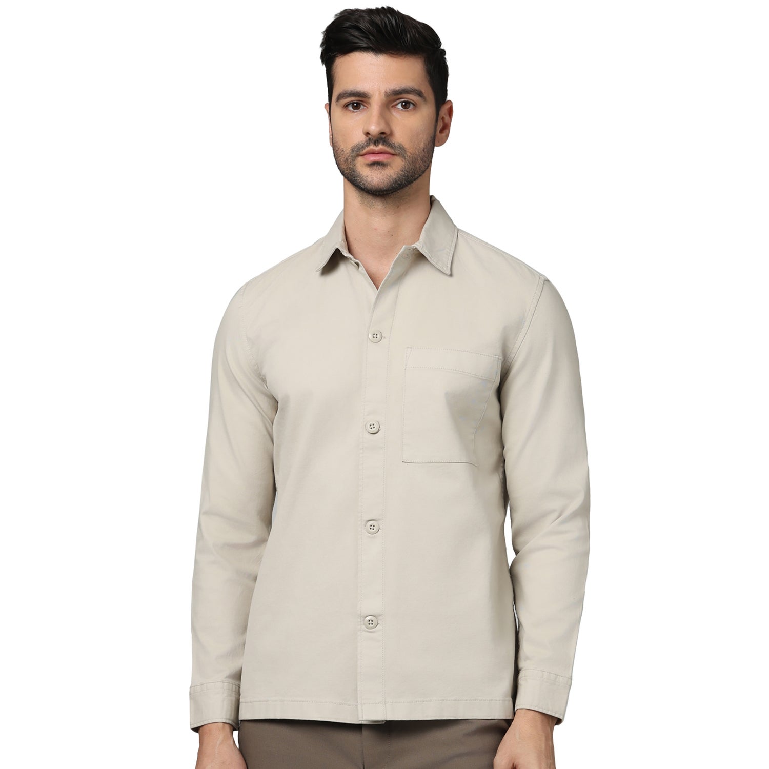 Men's Beige Spread Collar Solid Oversized Cotton Shirts (GACHARLES)