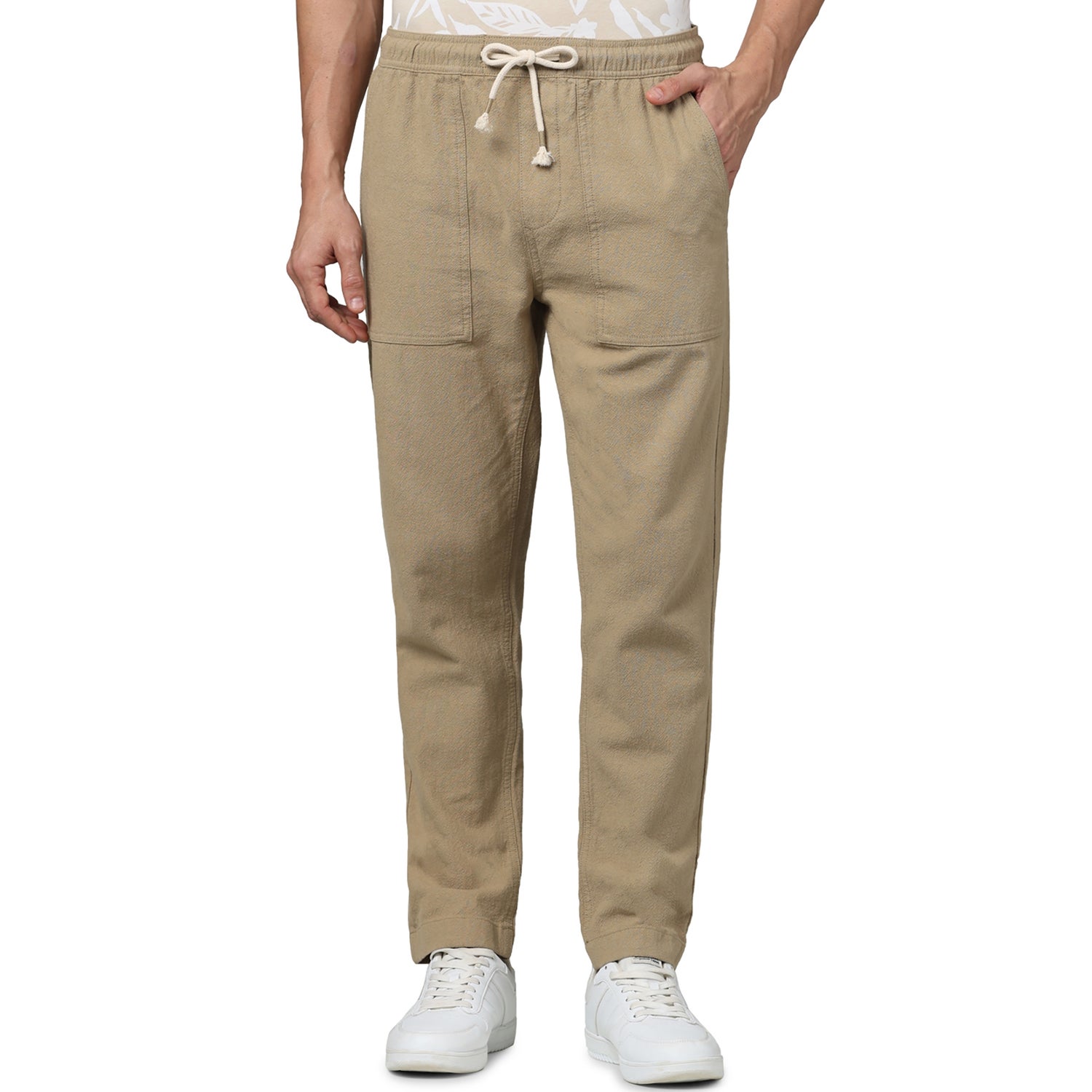 Men's Beige Solid Loose Fit Cotton Fashion Casual Trousers (GODIEGO)