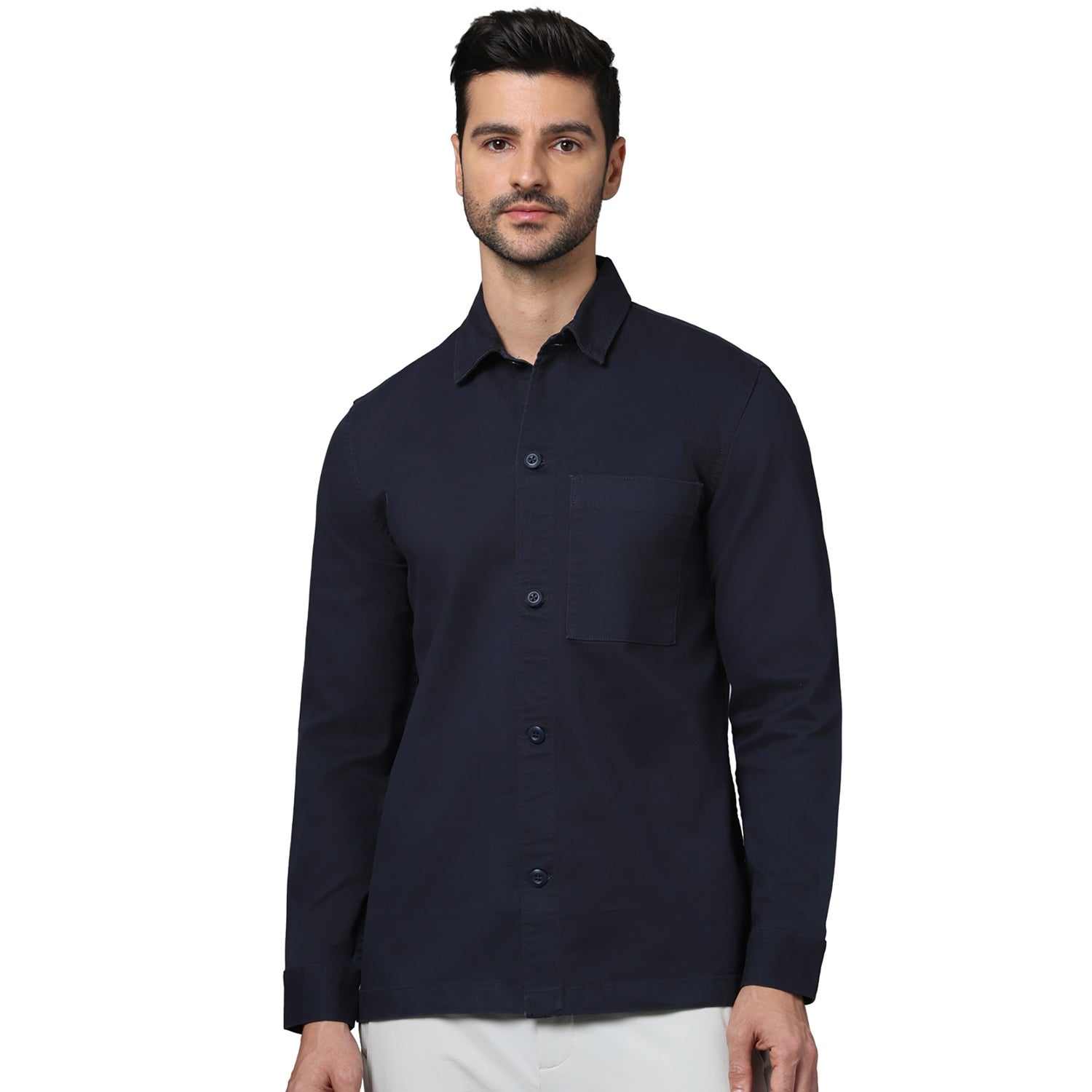 Men's Navy Blue Spread Collar Solid Oversized Cotton Shirts (GACHARLES)