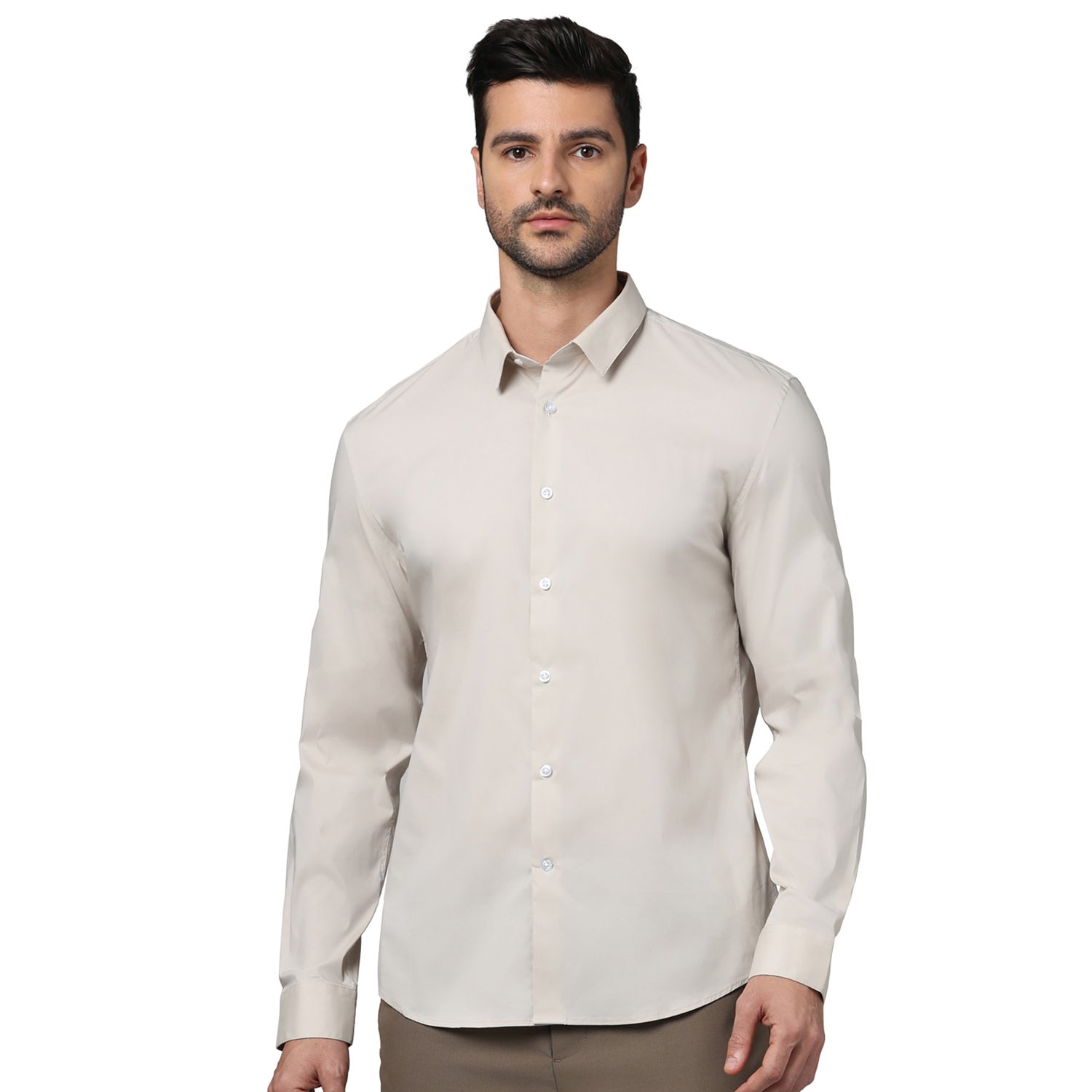 Men's Beige Spread Collar Solid Slim Fit Cotton Formal Shirts (MASANTAL7)