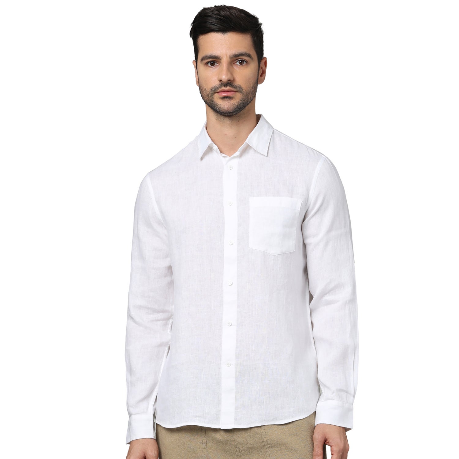 Men's White Spread Collar Solid Regular Fit Linen Shirts (GATALINO)