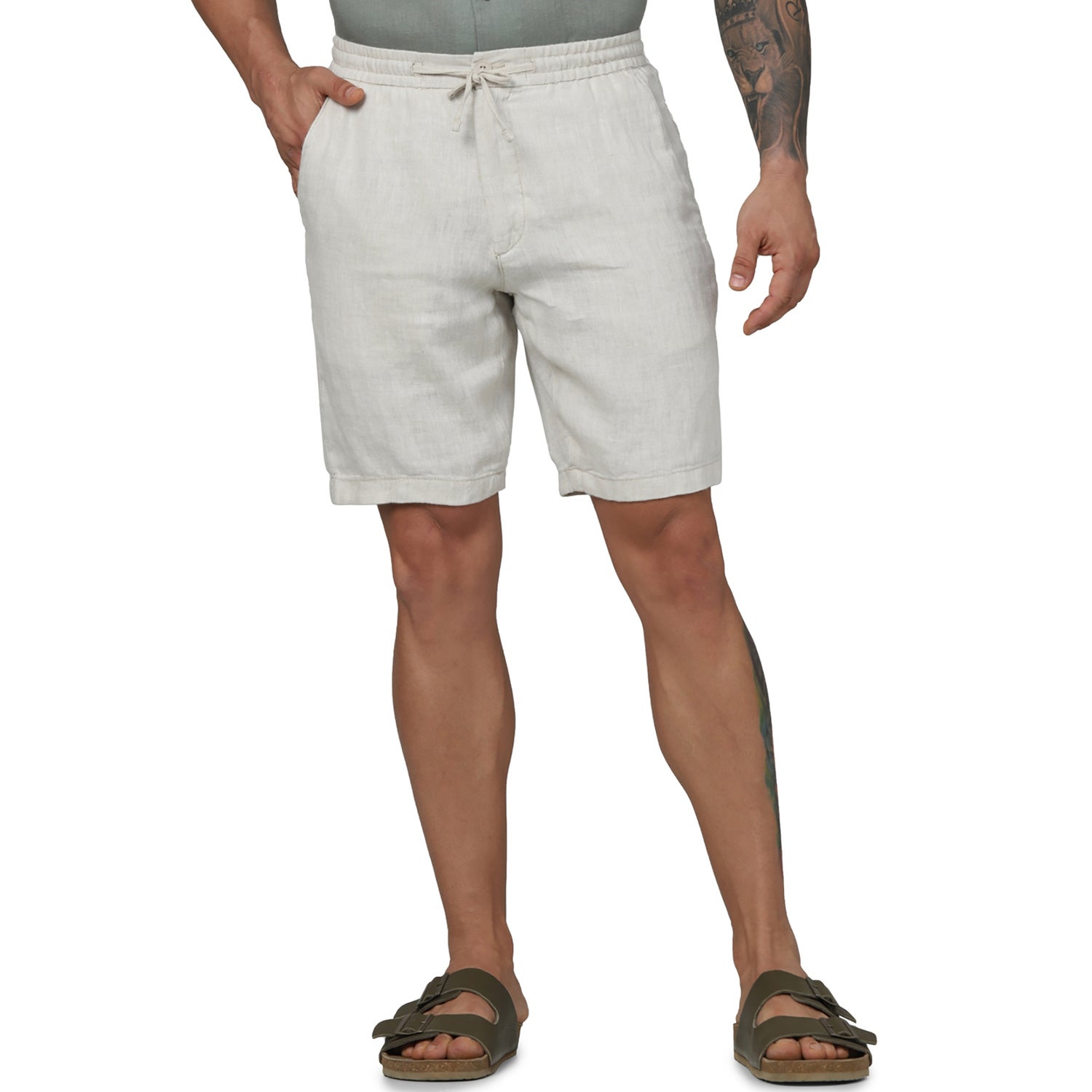 Men's Off White Solid Regular Fit Linen Casual Shorts (DOLINUSBM)