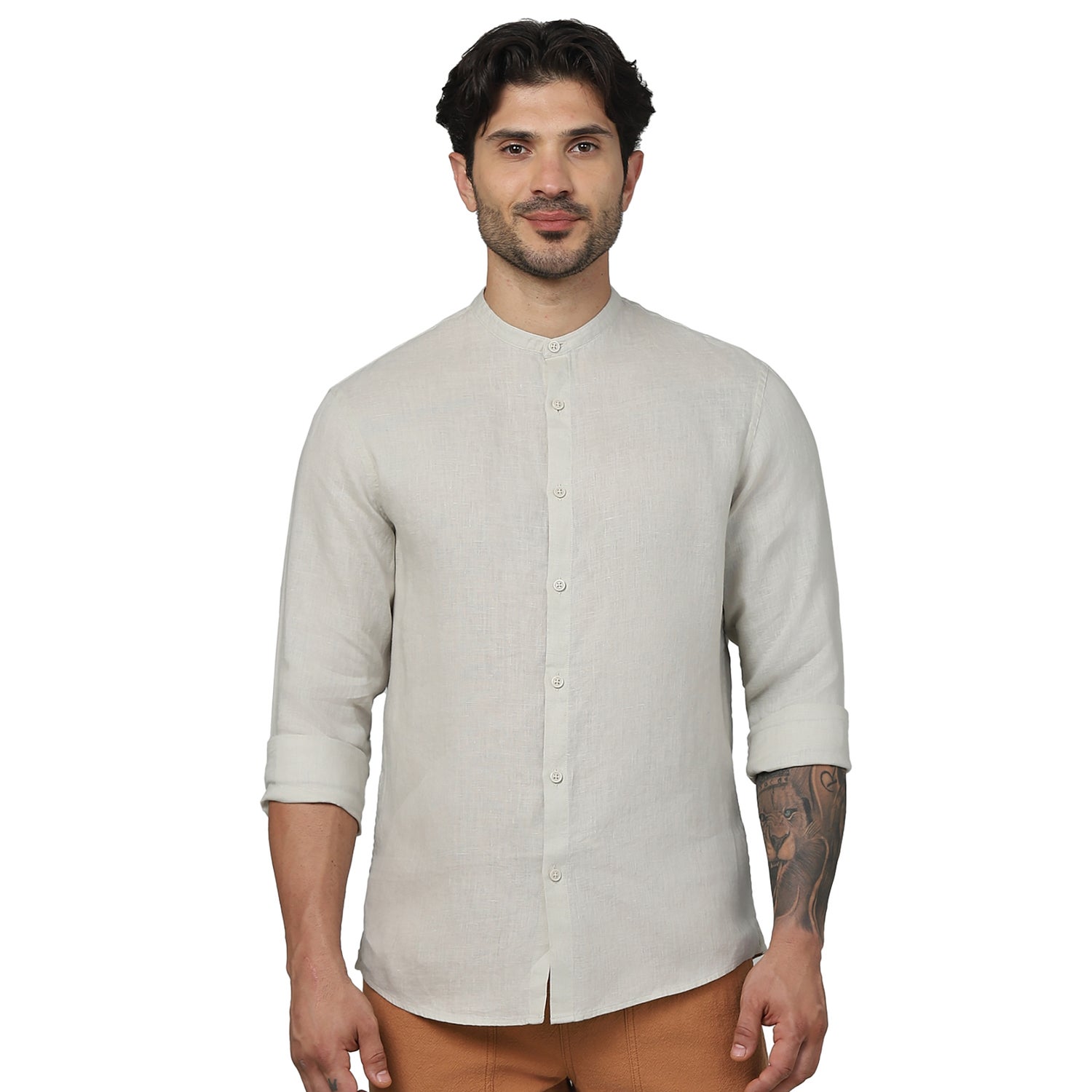 Men's Beige Band Collar Solid Regular Fit Linen Shirts (GATAMAO)