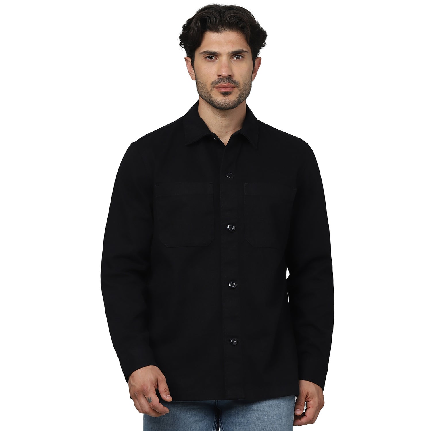 Men's Black Spread Collar Solid Oversized Cotton Shirts (GACOTWILL)