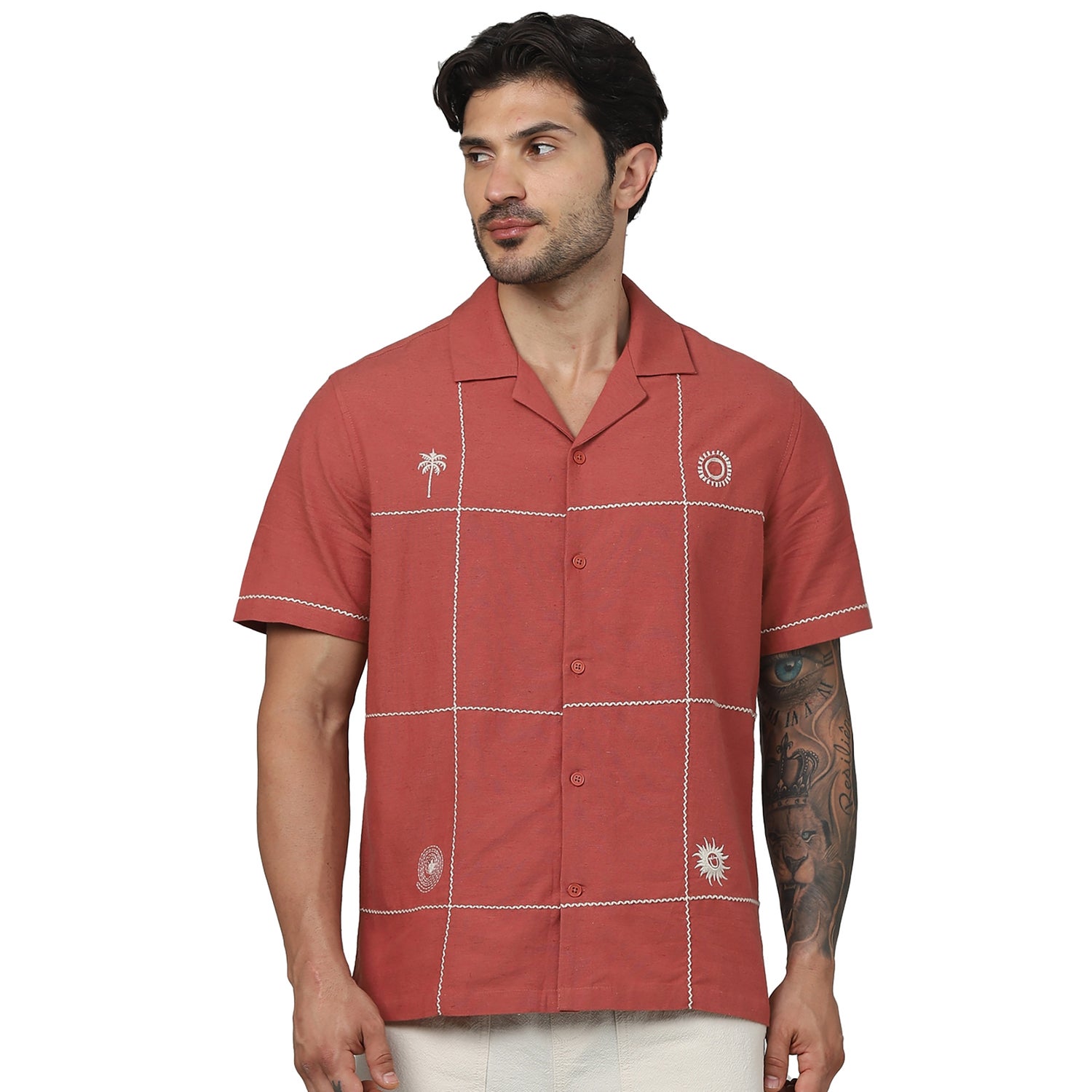 Men's Red Spread Collar Embroidered Regular Fit Viscose Rayon Casual Shirts (GAEMB4)