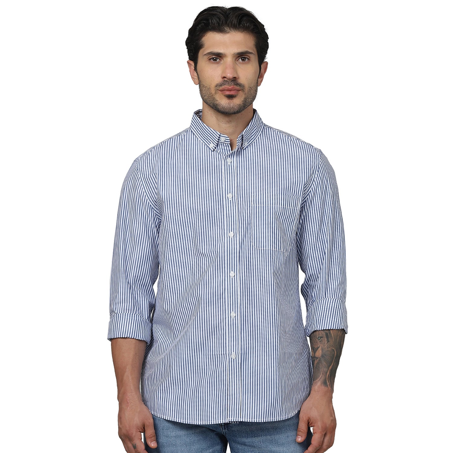 Men's Blue Button-Down Collar Striped Regular Fit Cotton Formal Shirts (GAOPUR)