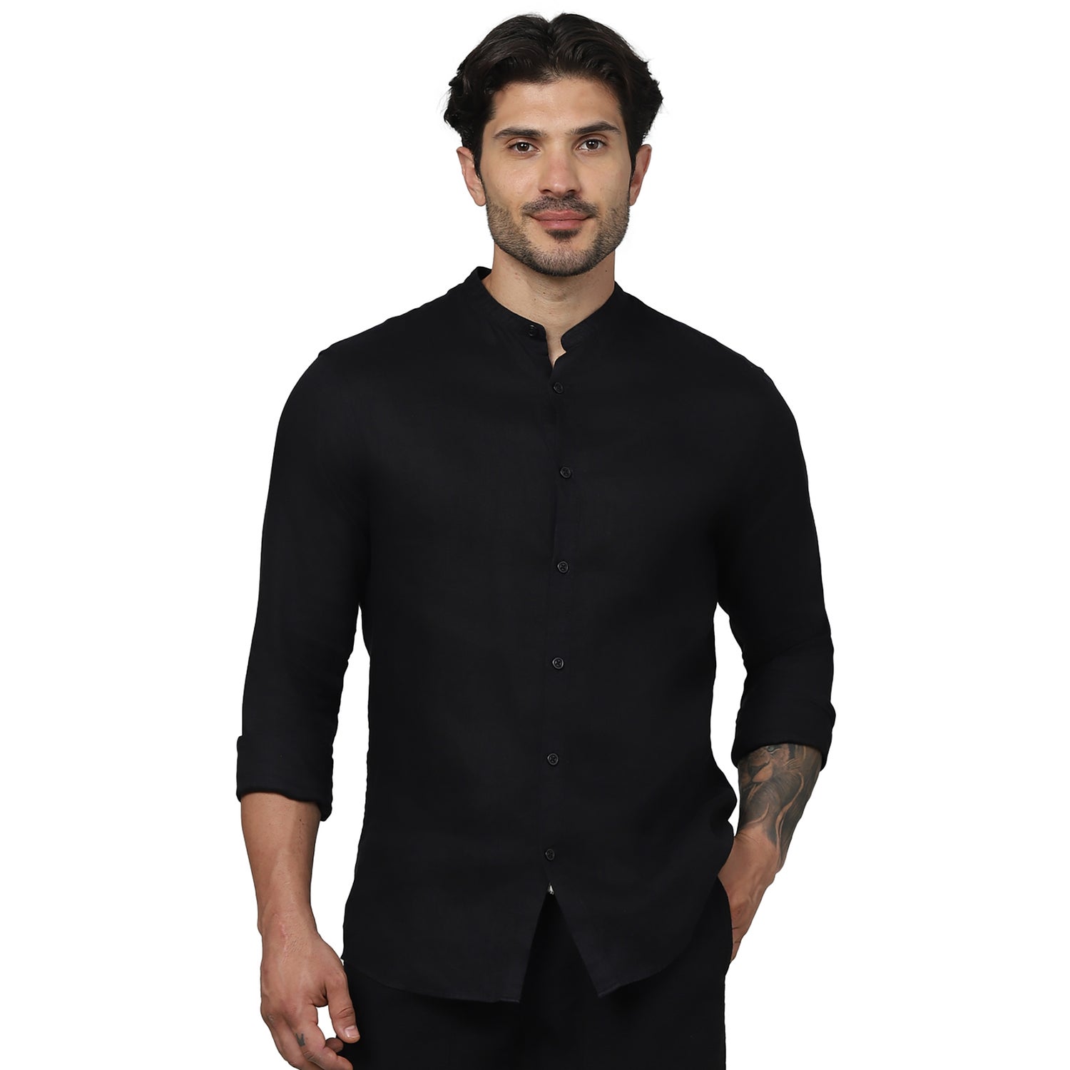 Men's Black Band Collar Solid Regular Fit Linen Shirts (GATAMAO)