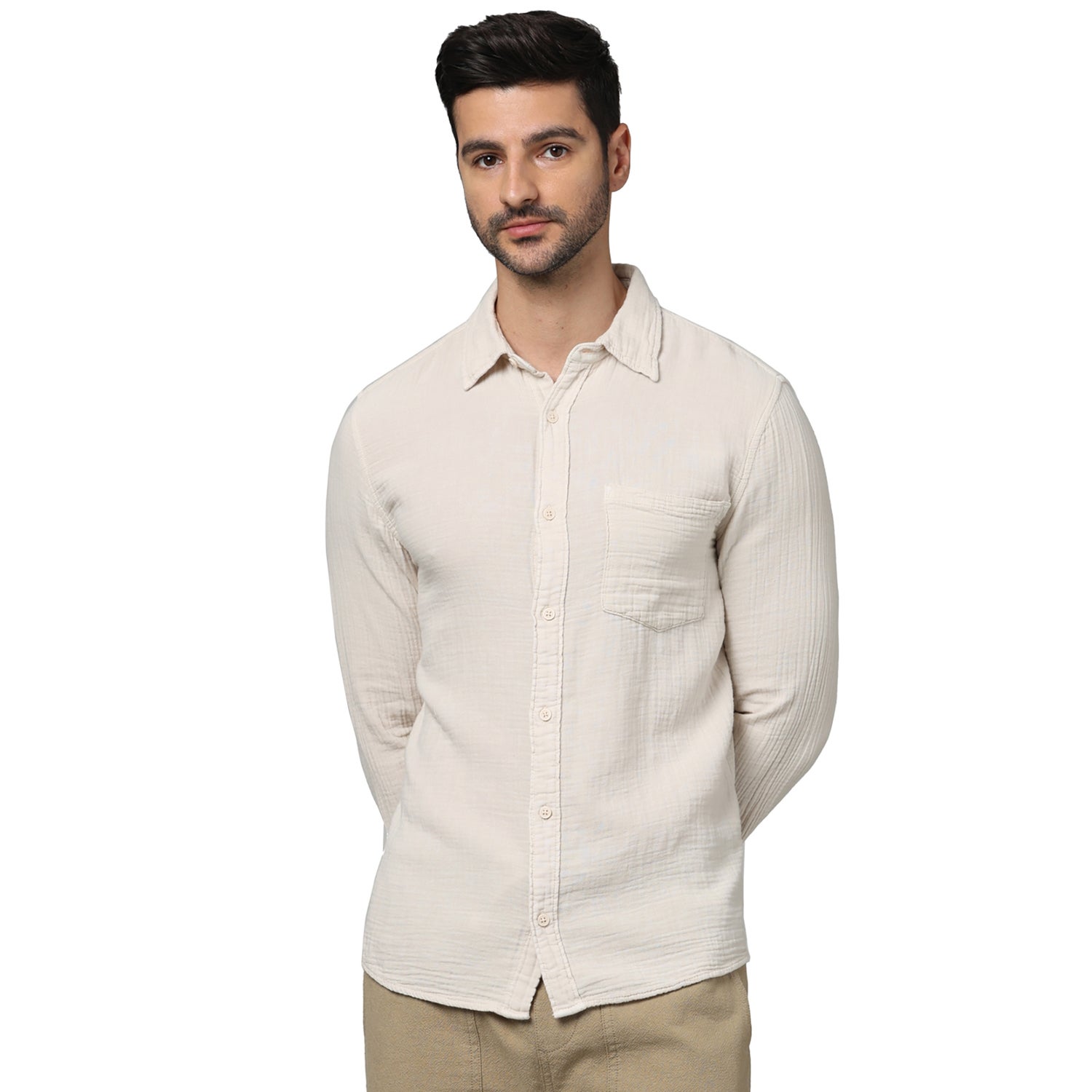 Men's Beige Spread Collar Solid Regular Fit Cotton Double Cloth Casual Shirts (GAGAZCO)