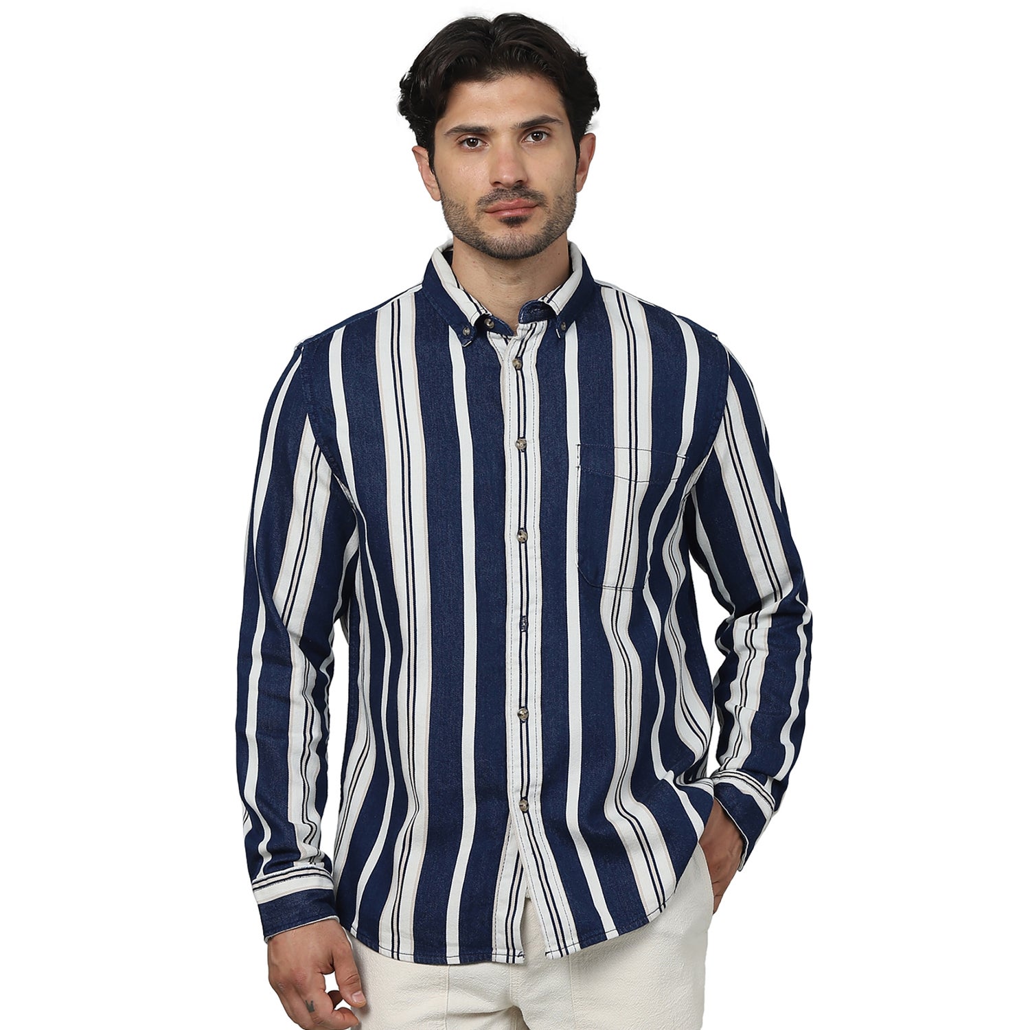 Men's Blue Button-Down Collar Striped Regular Fit Cotton Casual Shirts (GARANIM)