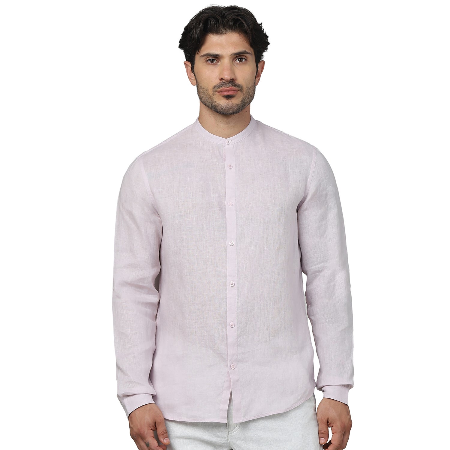 Men's Pink Band Collar Solid Regular Fit Linen Shirts (GATAMAO)