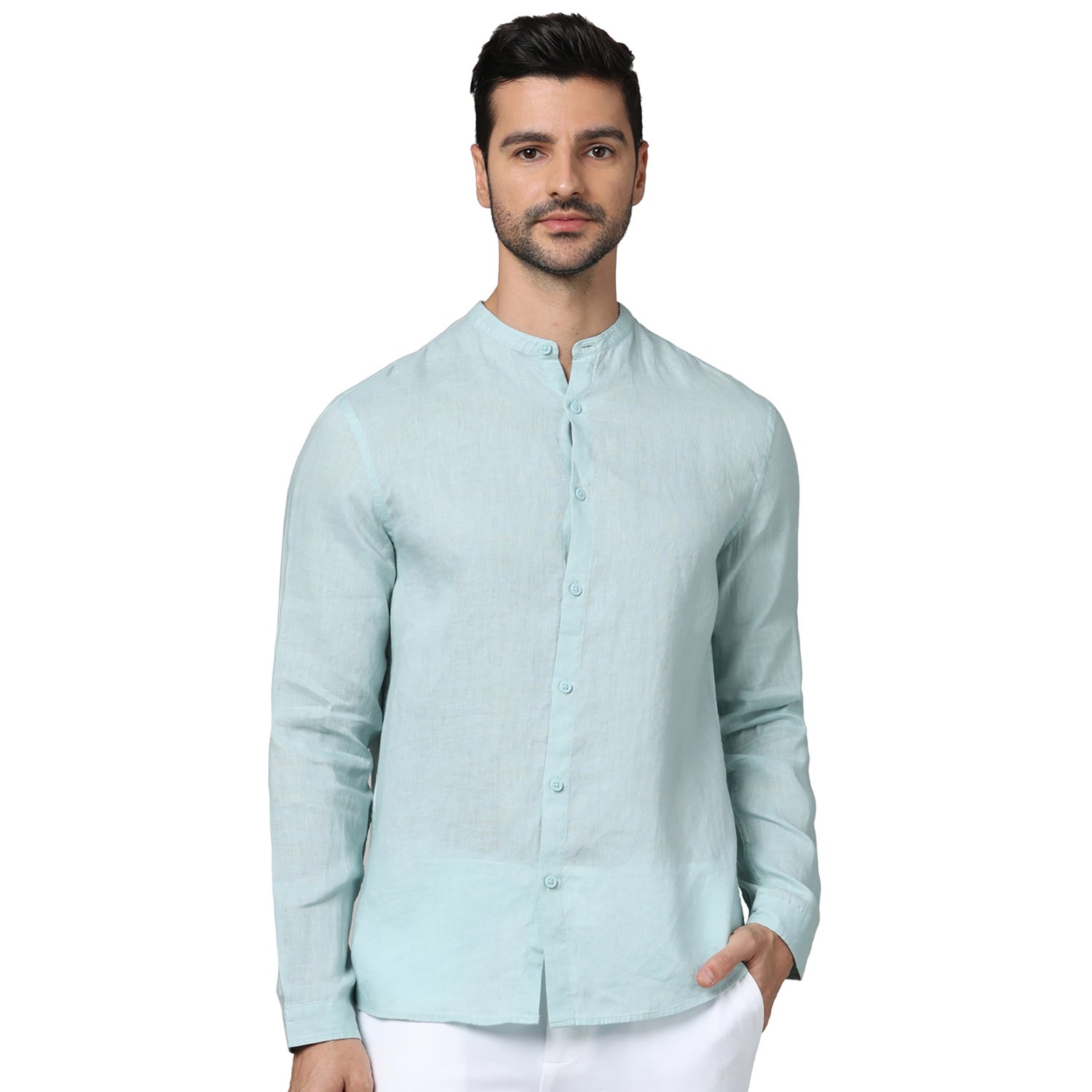 Men's Green Band Collar Solid Regular Fit Linen Shirts (GATAMAO)