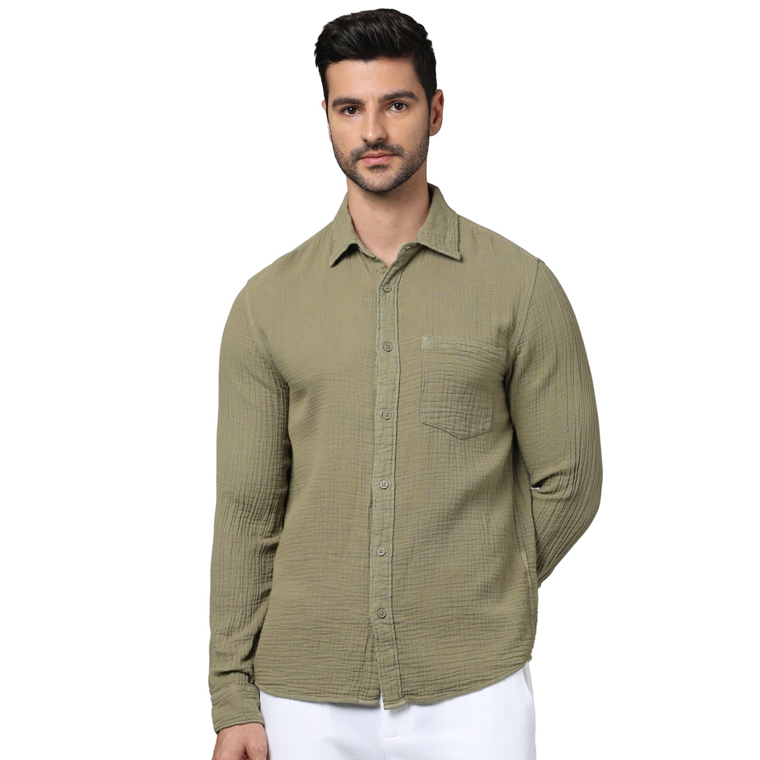 Men's Olive Spread Collar Solid Regular Fit Cotton Double Cloth Casual Shirts (GAGAZCO)