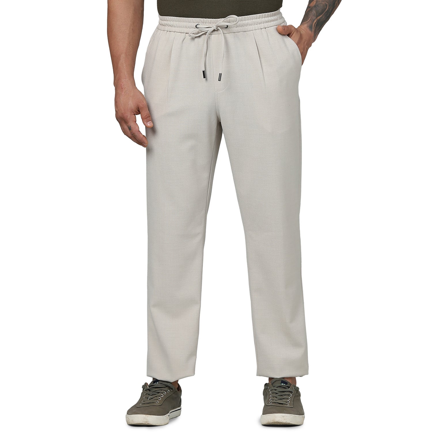 Men's Beige Solid Regular Fit Polyester Fashion Casual Trousers (GOPICK)