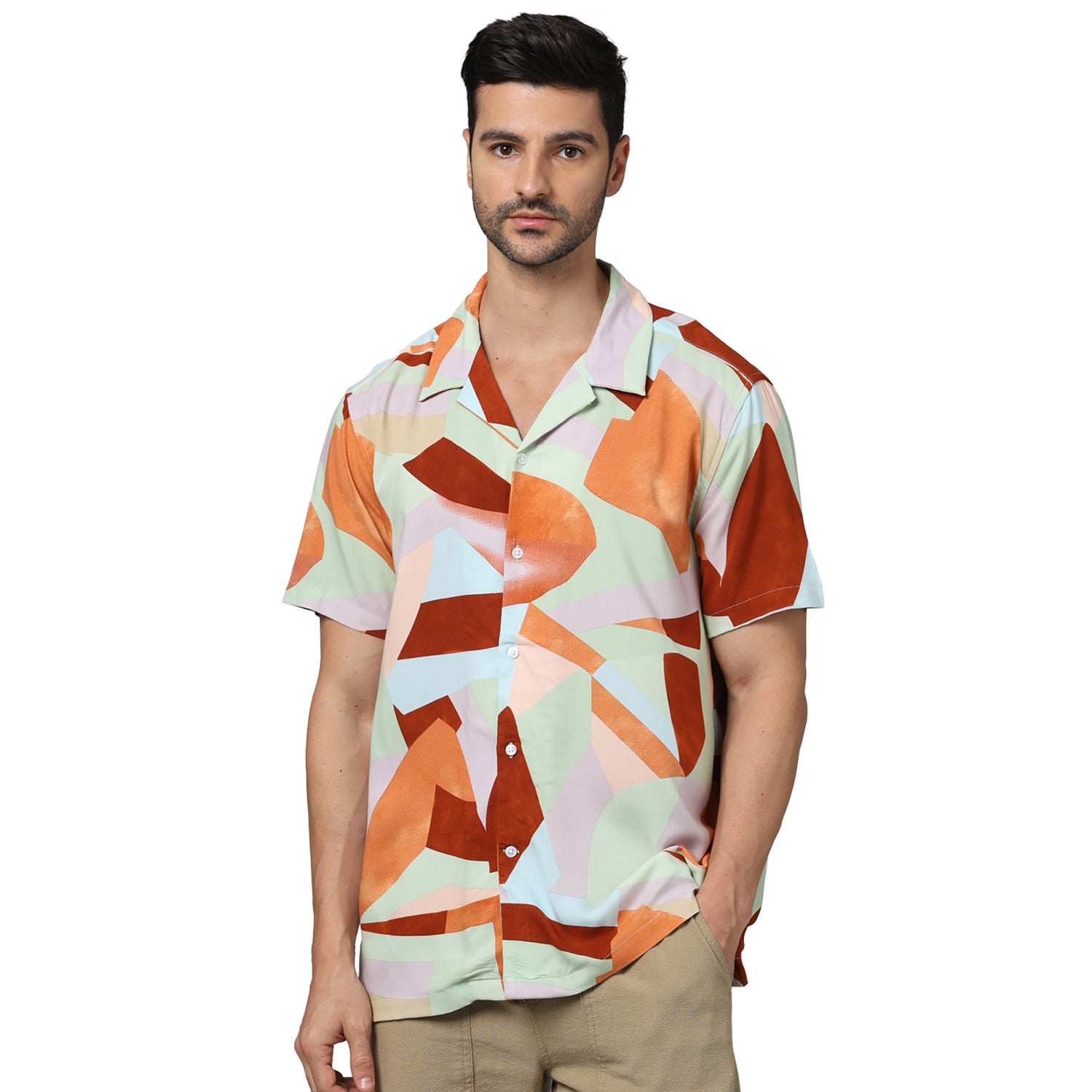 Men's Orange Spread Collar Printed Regular Fit Viscose Rayon Soft Touch Shirts (GAVISGEOPRI3)