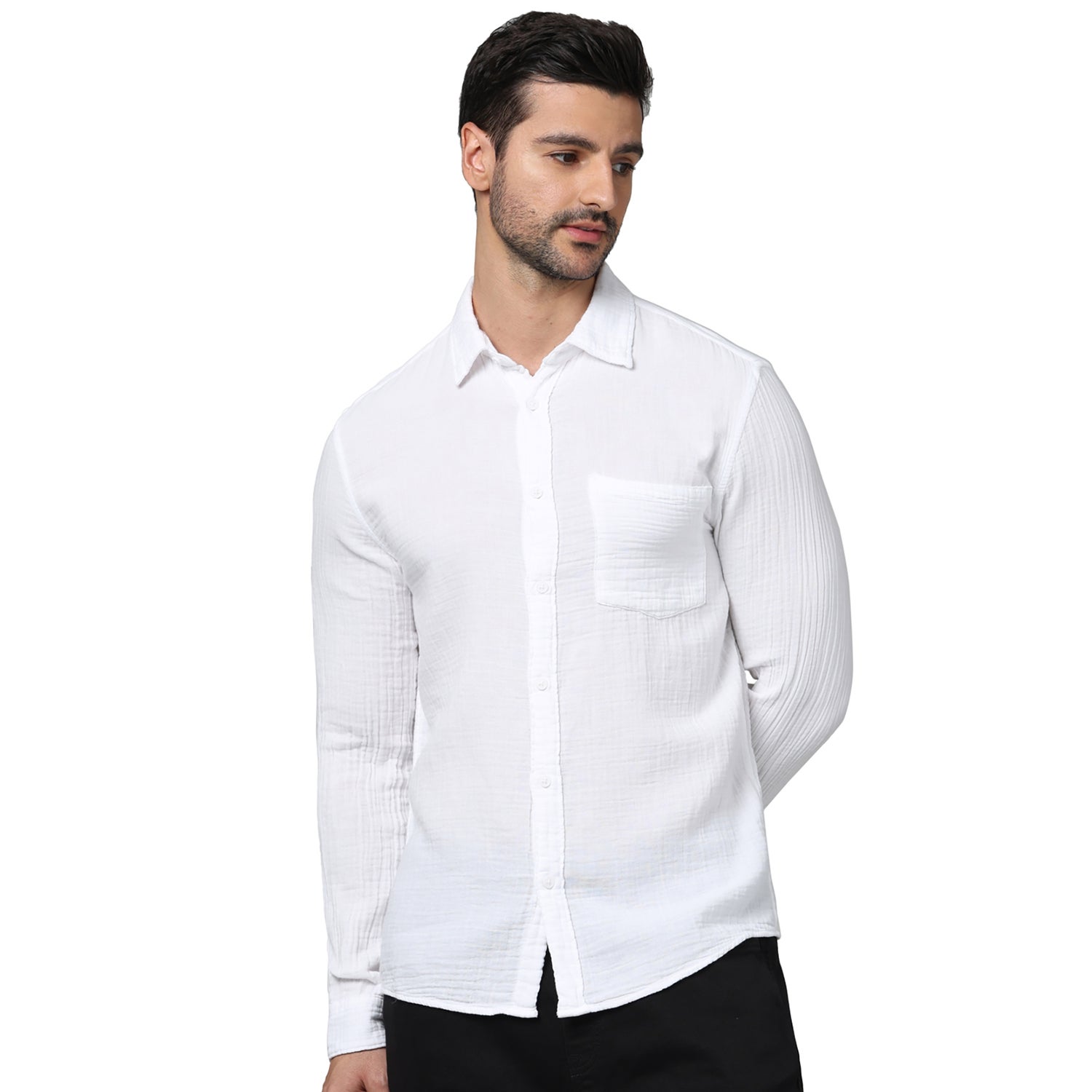 Men's White Spread Collar Solid Regular Fit Cotton Double Cloth Casual Shirts (GAGAZCO)