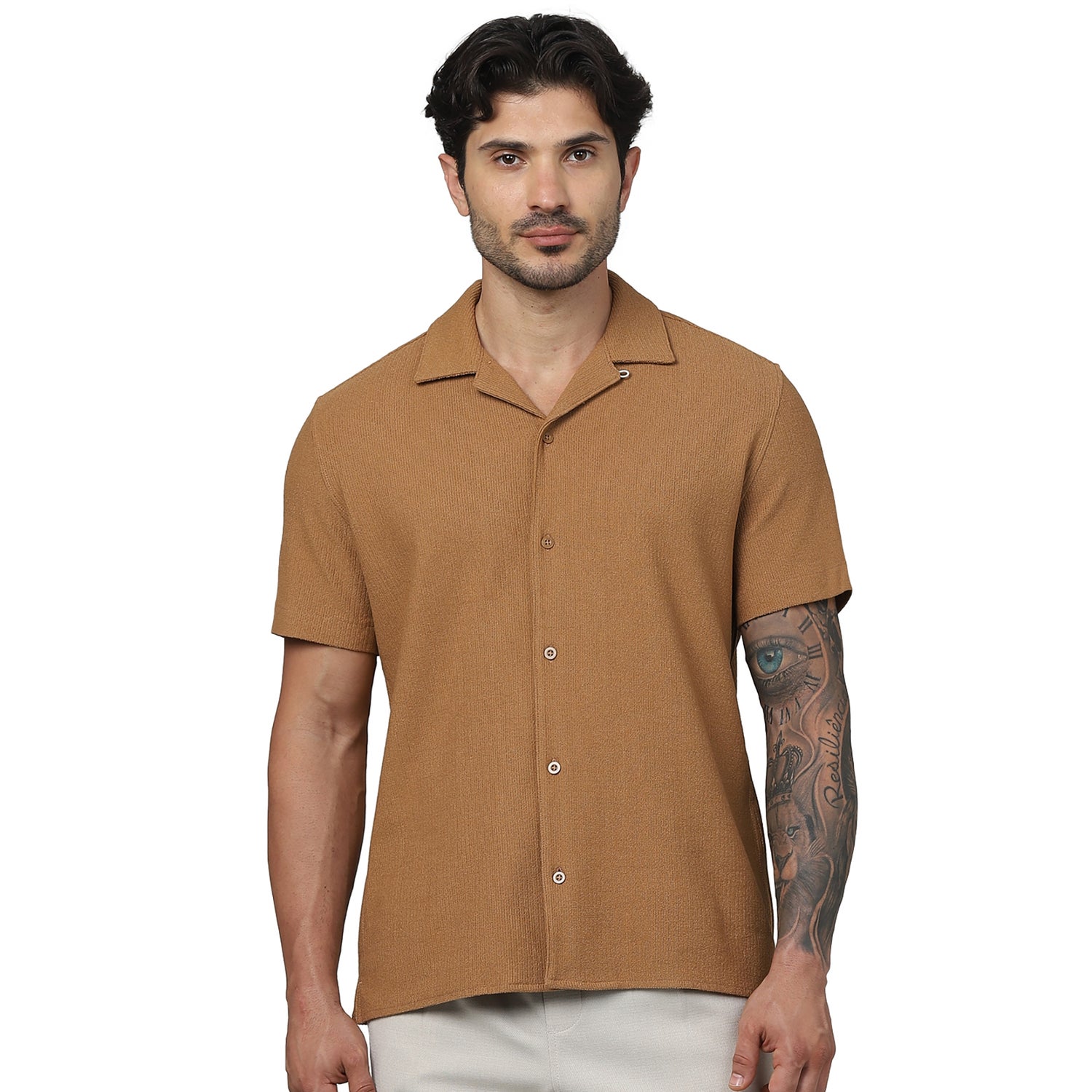 Men's Brown Spread Collar Solid Regular Fit Cotton Flat Knit Shirts (GANAISIN)