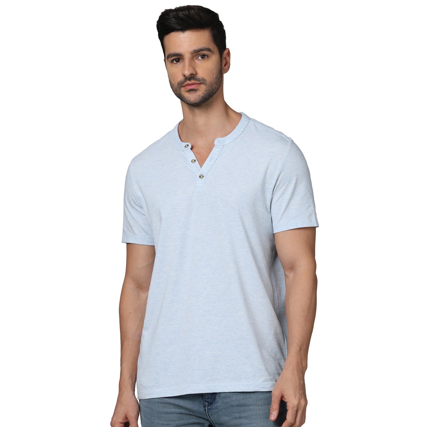 Men's Blue Henley Neck Solid Regular Fit Cotton Casual Tshirts (CEGETI2)