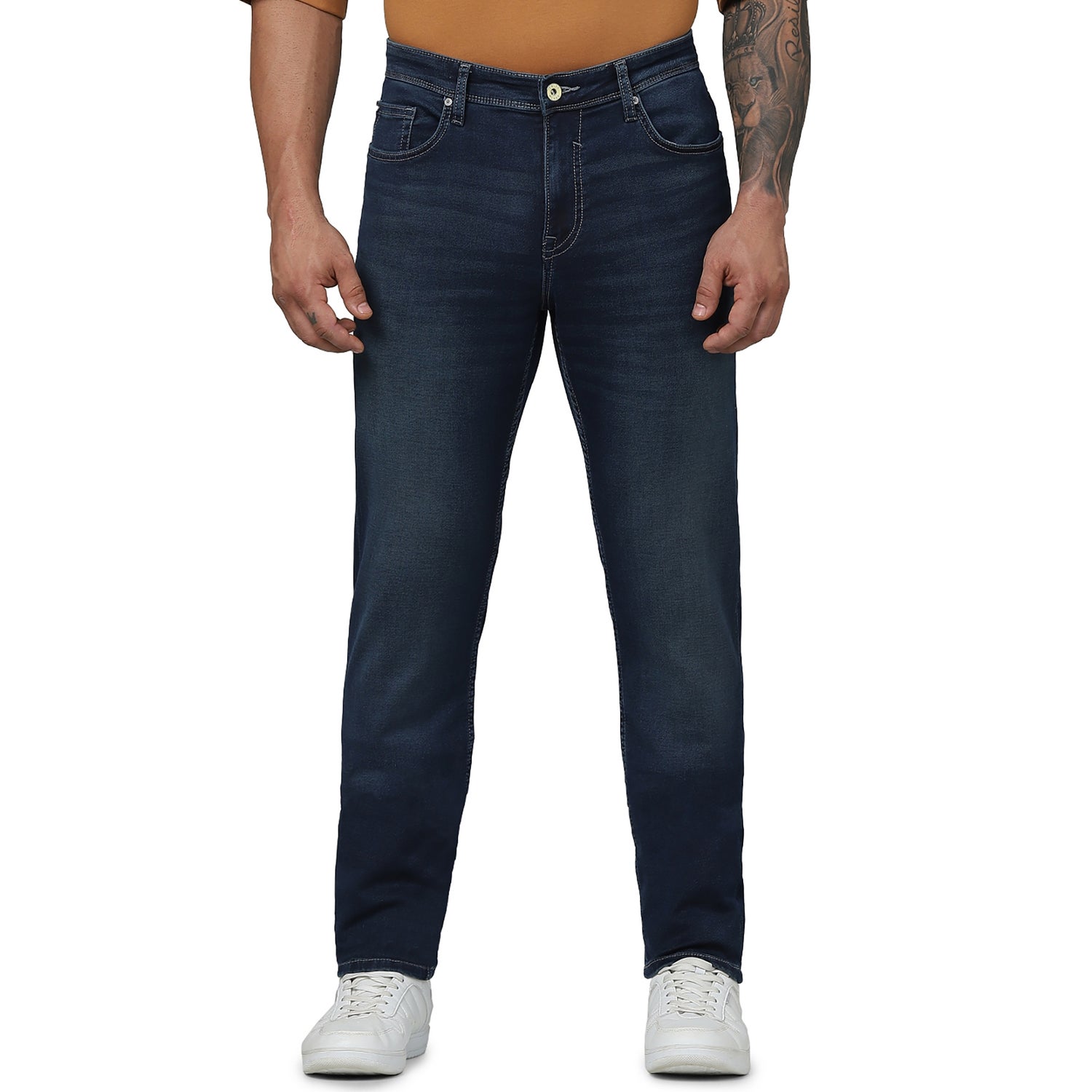 Men's Blue Solid Slim Fit Cotton Knit Denim Jeans (GOSANDS25)