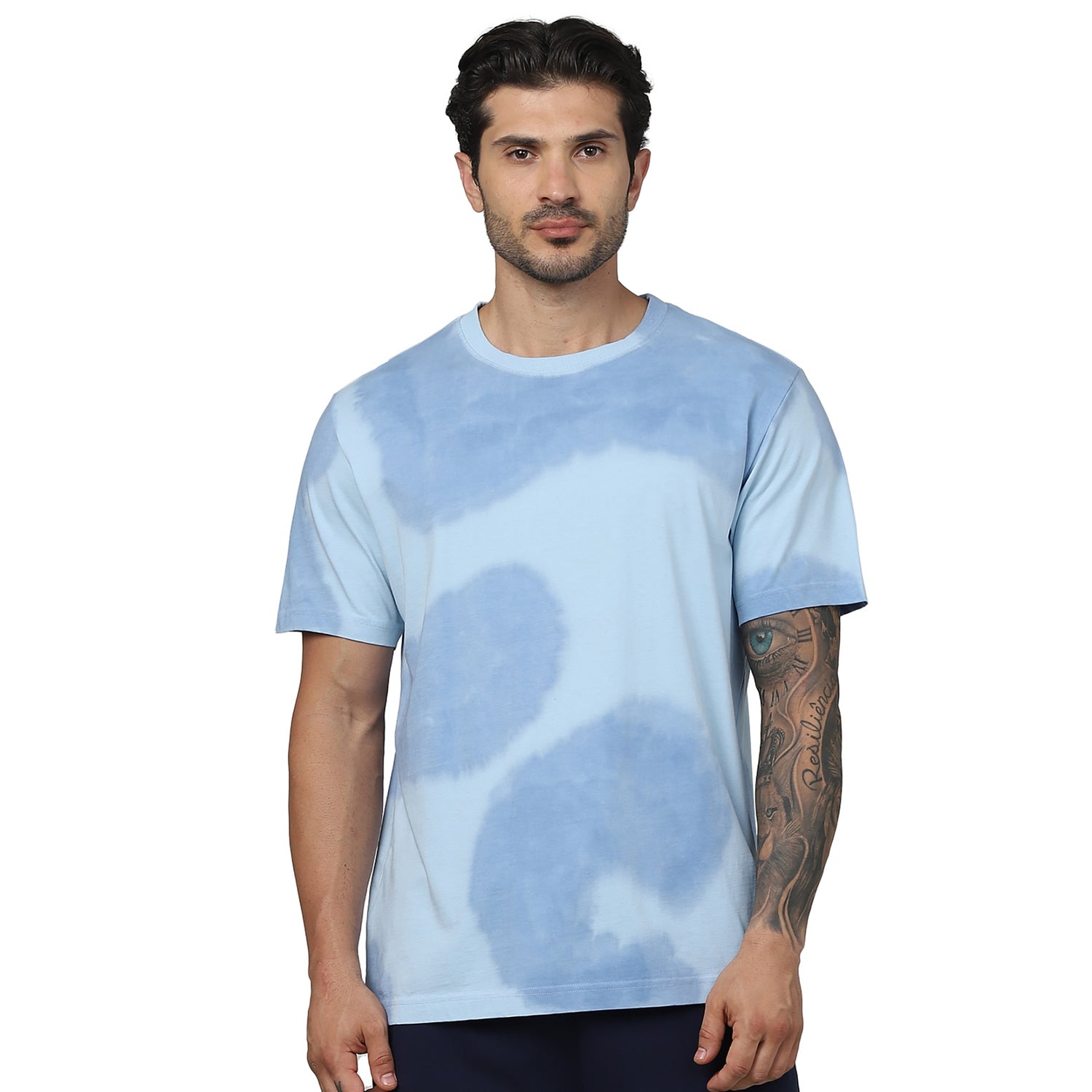 Men's Blue Round Neck Regular Fit Cotton All Over Print Tshirts (GENGAMEIN)