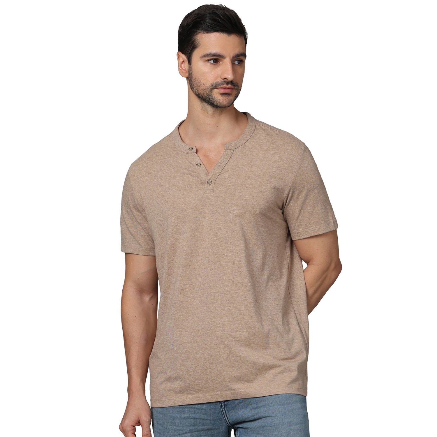 Men's Beige Henley Neck Solid Regular Fit Cotton Casual Tshirts (CEGETI2)