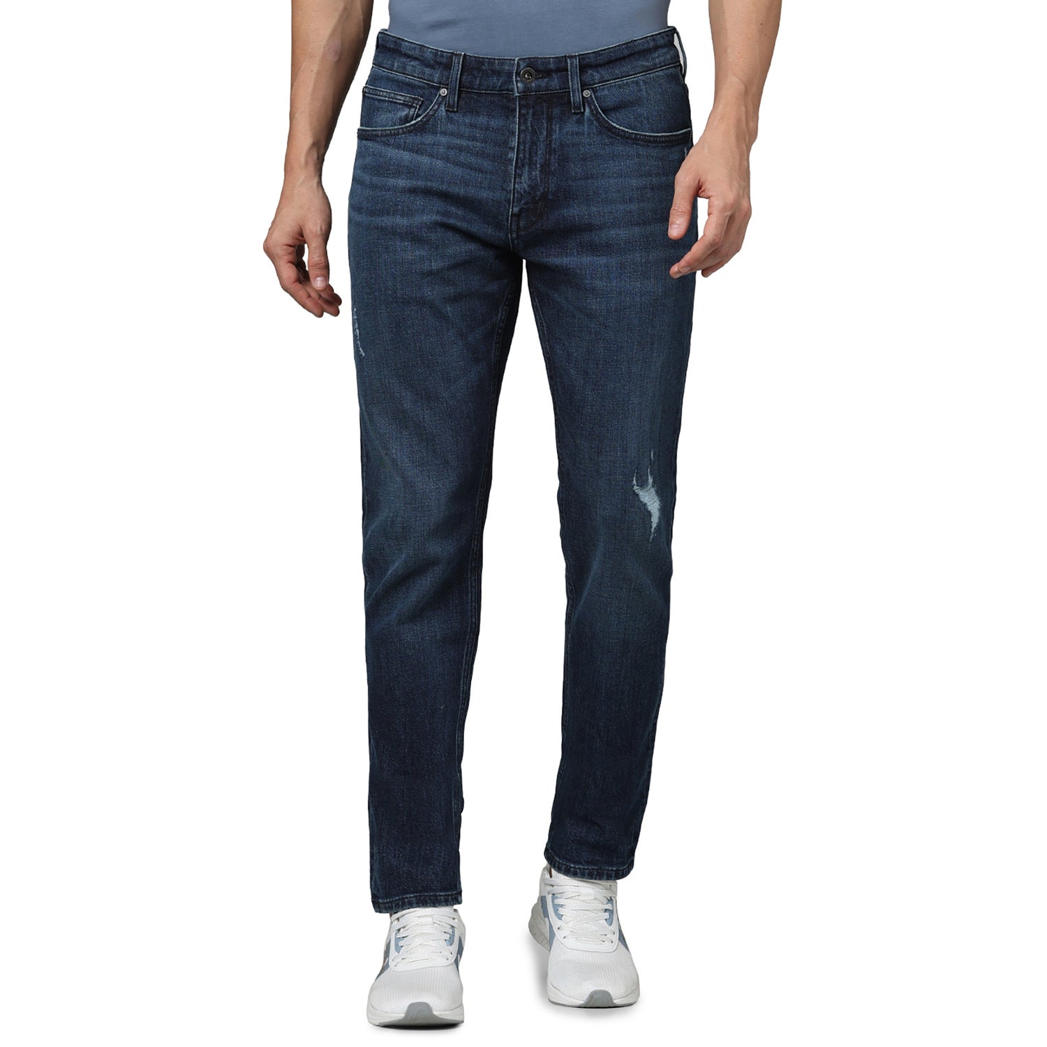 Men's Blue Solid Slim Fit Cotton Italian Distress Twill Denim Jeans (GOSTRESS1)