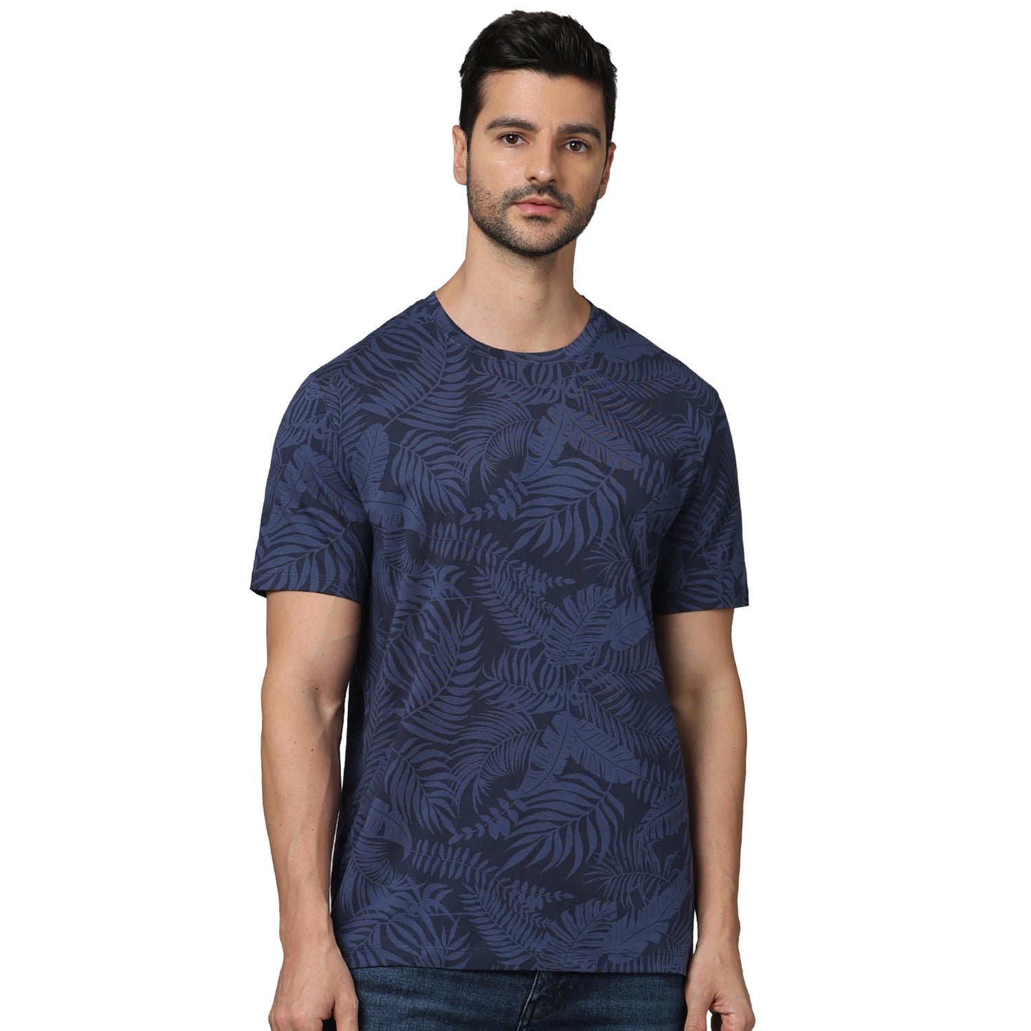 Men's Navy Blue Round Neck Regular Fit Cotton All Over Print Tshirts (GEFEUILLE)