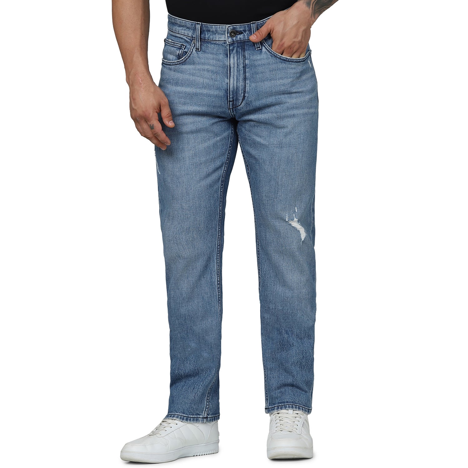 Men's Blue Solid Slim Fit Cotton Italian Distress Twill Denim Jeans (GOSTRESS2)