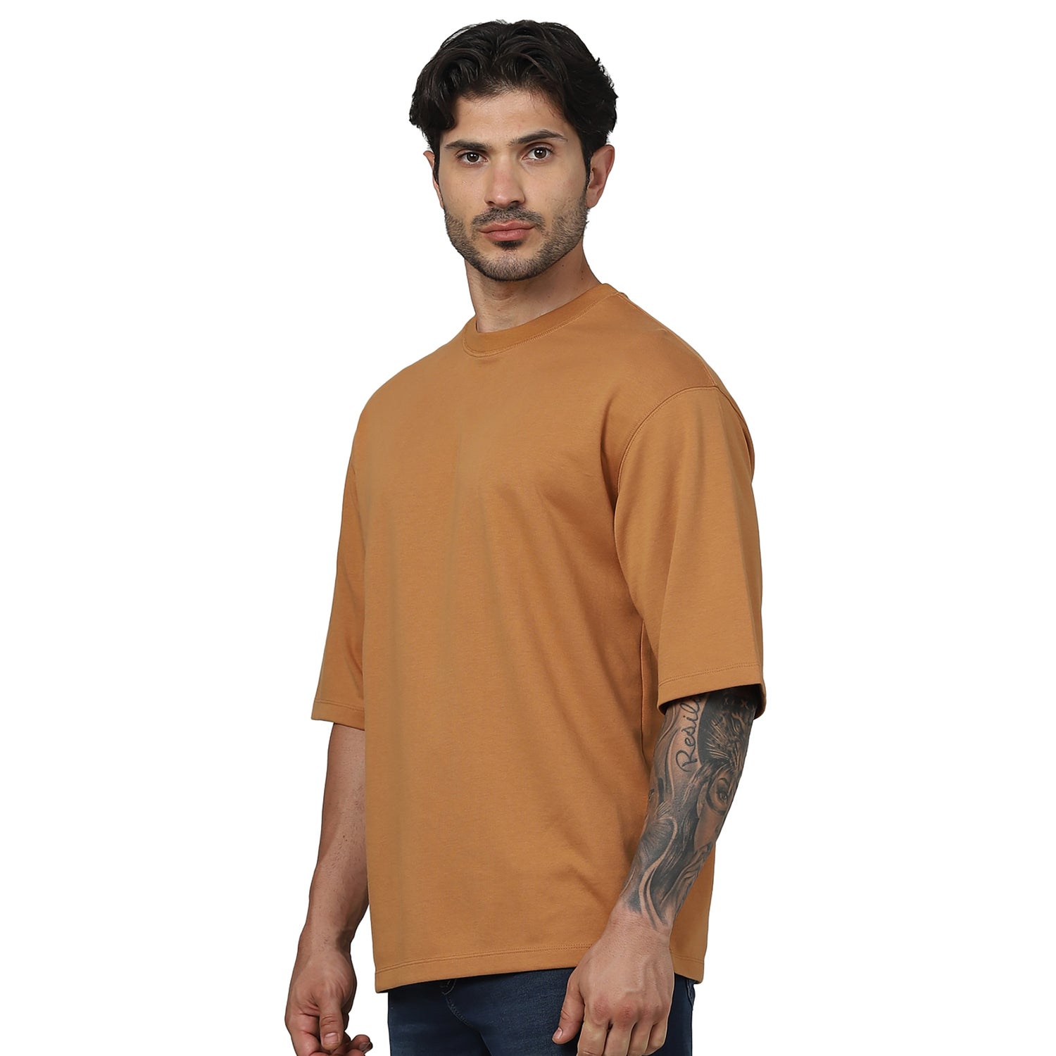 Men's Brown Round Neck Solid Oversized Cotton Fashion Tshirts (GEHEMIN)