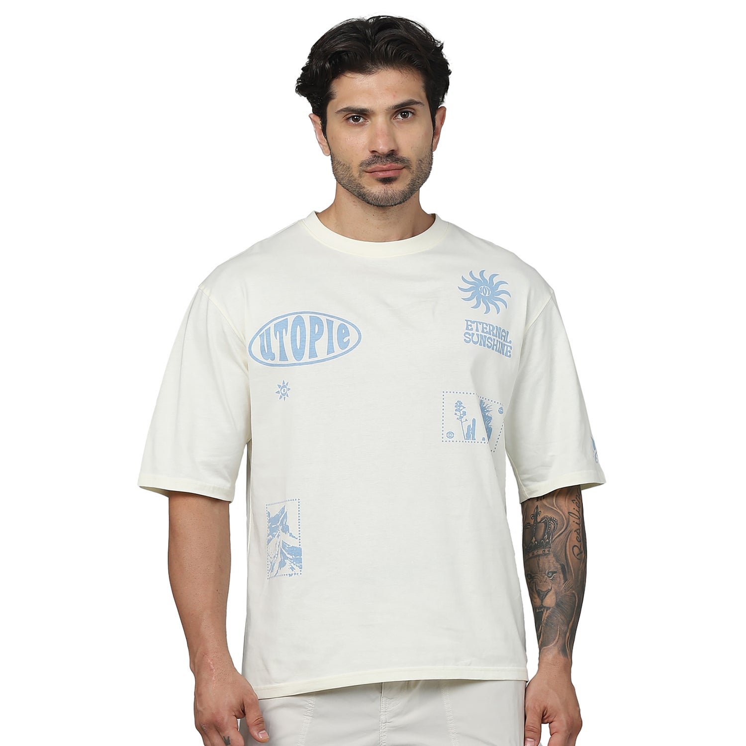Men's Beige Round Neck Printed Regular Fit Cotton Fashion Tshirts (GEUTOPIE)