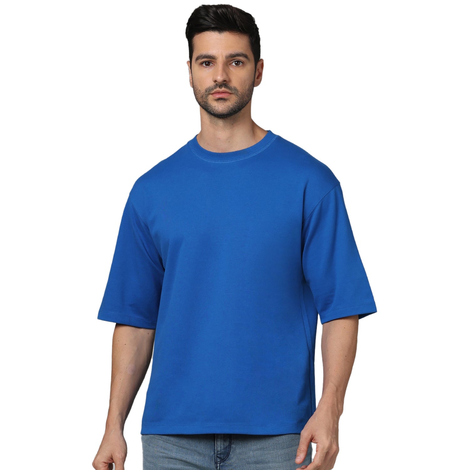 Men's Blue Round Neck Solid Oversized Cotton Fashion Tshirts (GEHEMIN)